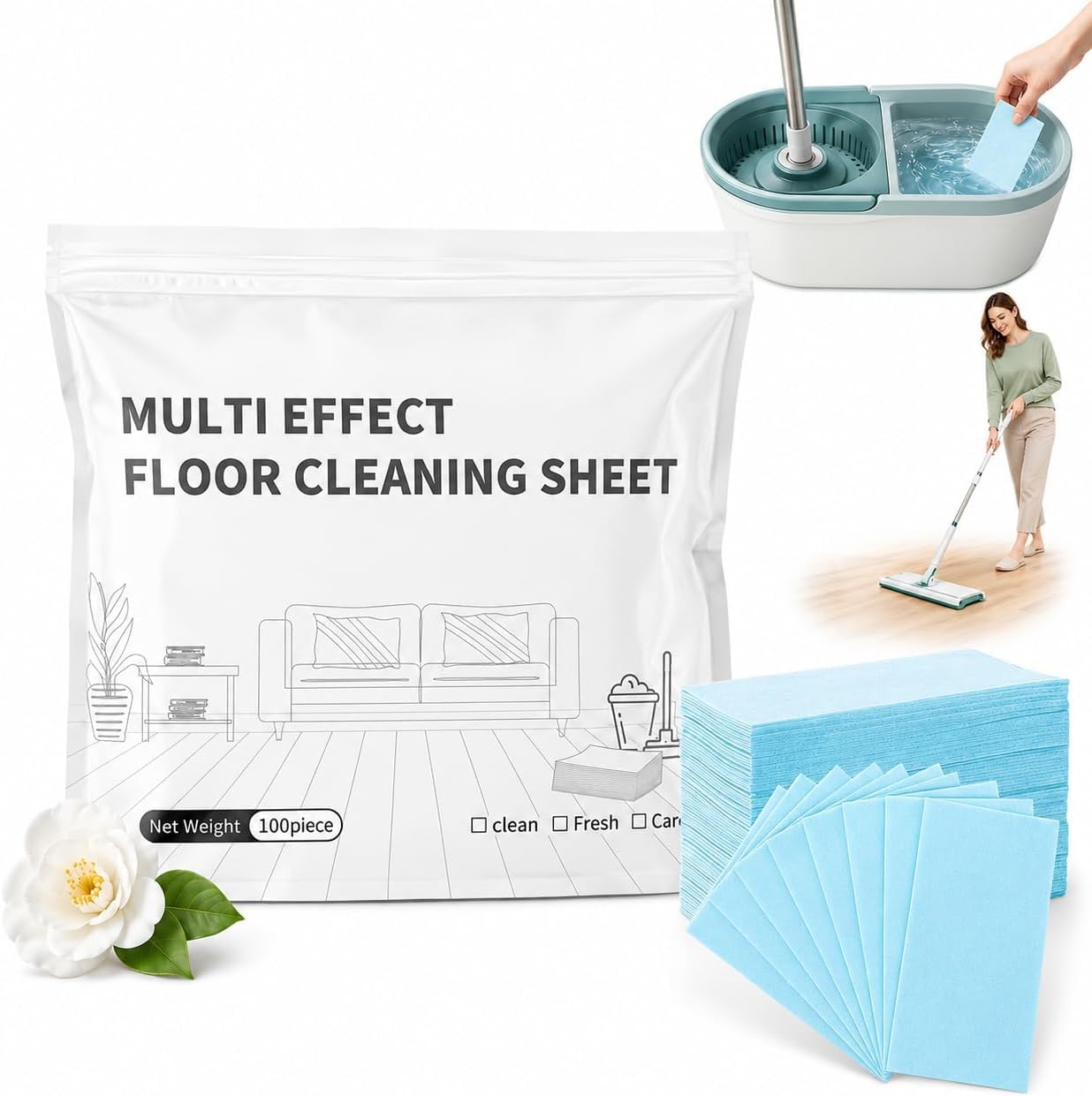 100PCS Floor Cleaning Tablets, Dissolvable Sheets for Mopping Floors (Blue) | Multi-Effect Multi-Surface Cleaner for Hardwood, Laminate, Tile and Bathroom Floors