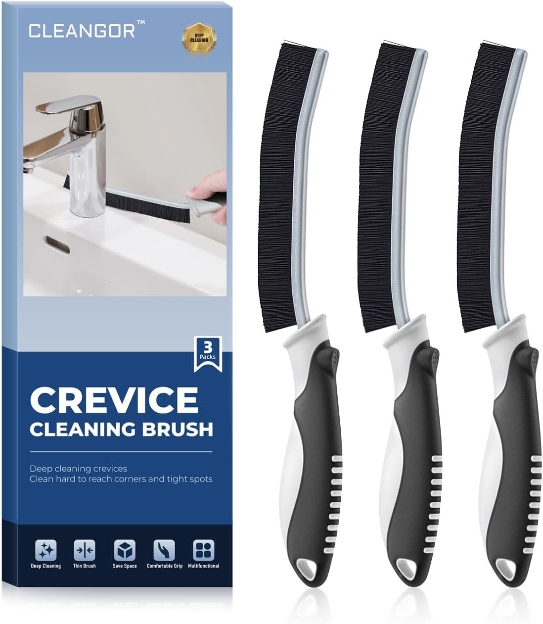 Cleangor Crevice Cleaning Brush – Household Gap Scrub Tool (3, Black) | Reaches tiny hard-to-reach spots, ideal deep cleaning supplies for bathroom, shower, kitchen, window and toilet.