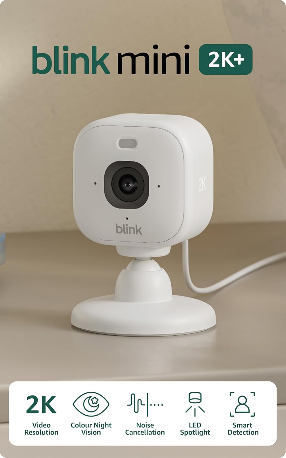 Blink Mini 2K+ | Plug-in Indoor/Outdoor Security Camera | 2K wide-angle video | 4x Zoom | Colour night vision with built-in spotlight | Works with Alexa | 1 camera – (White)