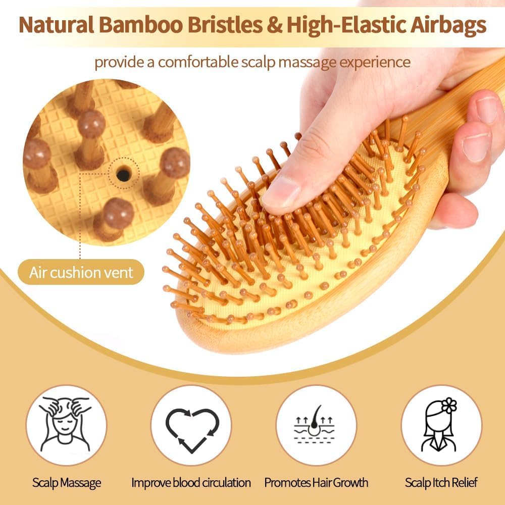 Bamboo Hair Brush for Hair Growth, Natural Bamboo Bristles Detangling Wooden Paddle Hairbrush for Massaging Scalp, for Women Men and Kids, for Dry,Curly,Thick,Thin and Straight Hair