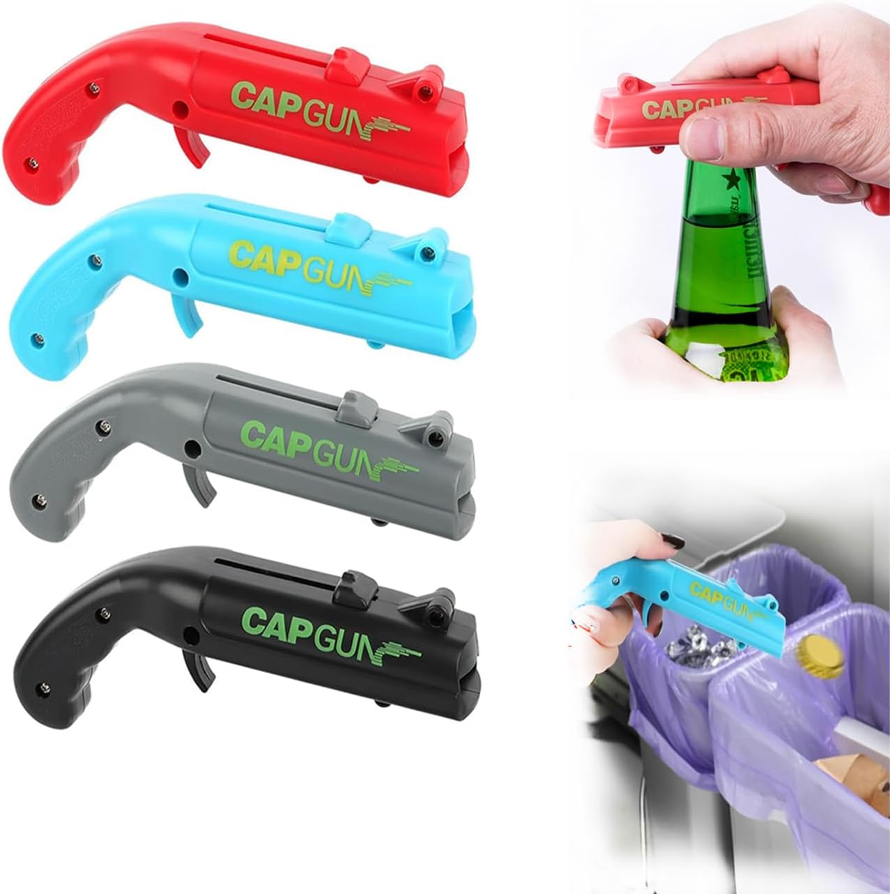 4PCS Cap Gun Launcher, Bottle Opener Funny, Firing Cap Opener, Beer Accessories for Party, Home, Bar, Drinking, Gadgets for Men (Red, Black, Gray and Blue)