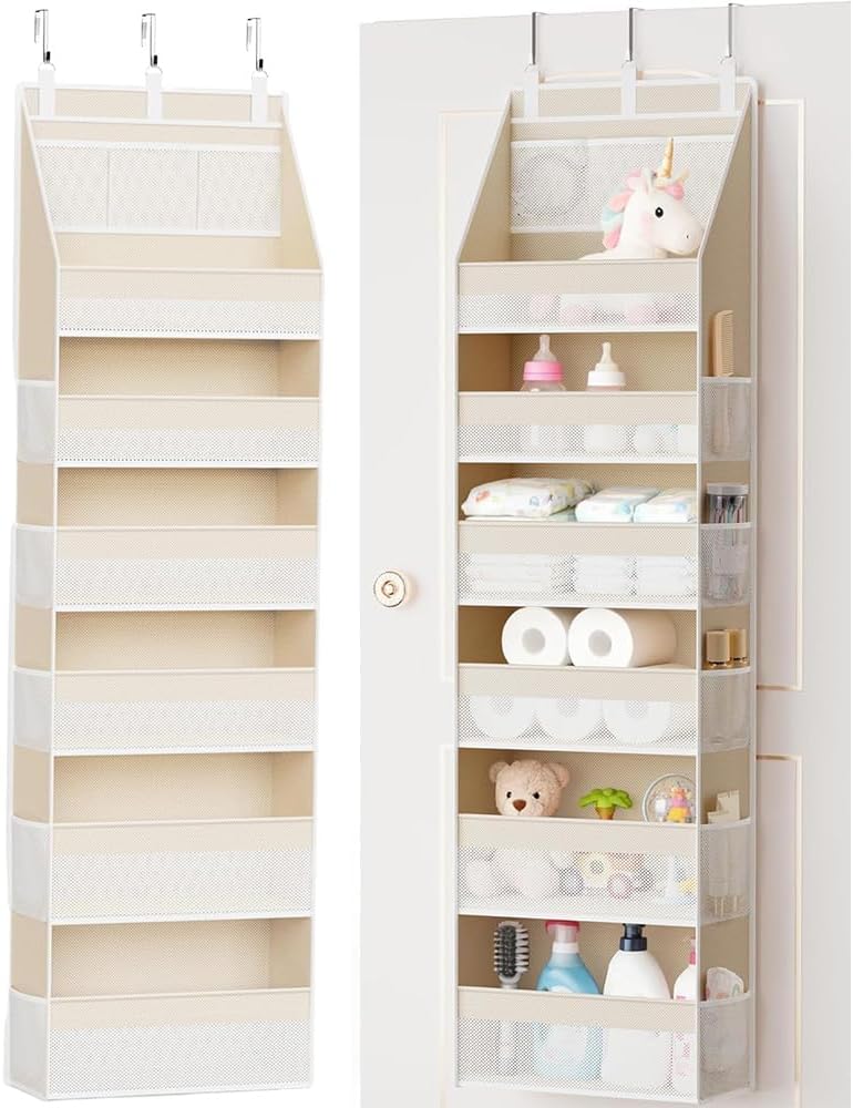 6-Shelf Hanging Storage Organizer, Non-Woven Multi-Pocket Closet Shelf, Space-Saving Wall-Mounted Rack with Transparent Windows & Mesh Side Pockets for Bedroom, Bathroom & Closet Beige 157X39X15CM