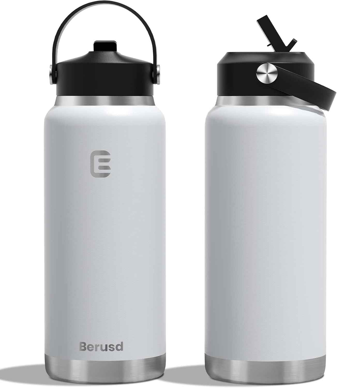 Berusd 1L Insulated Water Bottle, Leak Proof Straw Lid, Stainless Steel Vacuum Insulated Water Bottle, Wide Mouth Bottle with Flex Cap, Double Walled Travel Cup Thermo Bottle Mug Drink Flasks, White