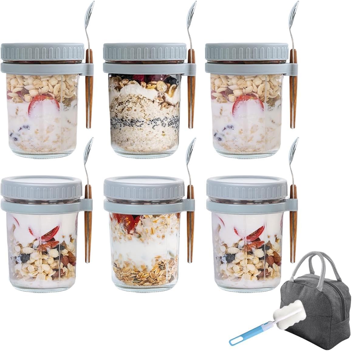 6Pack Overnight Oats Container Jars, Oatmeal Containers with Lid and Spoon, 10oz/350ml Glass Mason Airtight Jars with Measurement Marks for Cereal, Yogurt, Milk, Vegetable, Fruit, Salad (Gray)