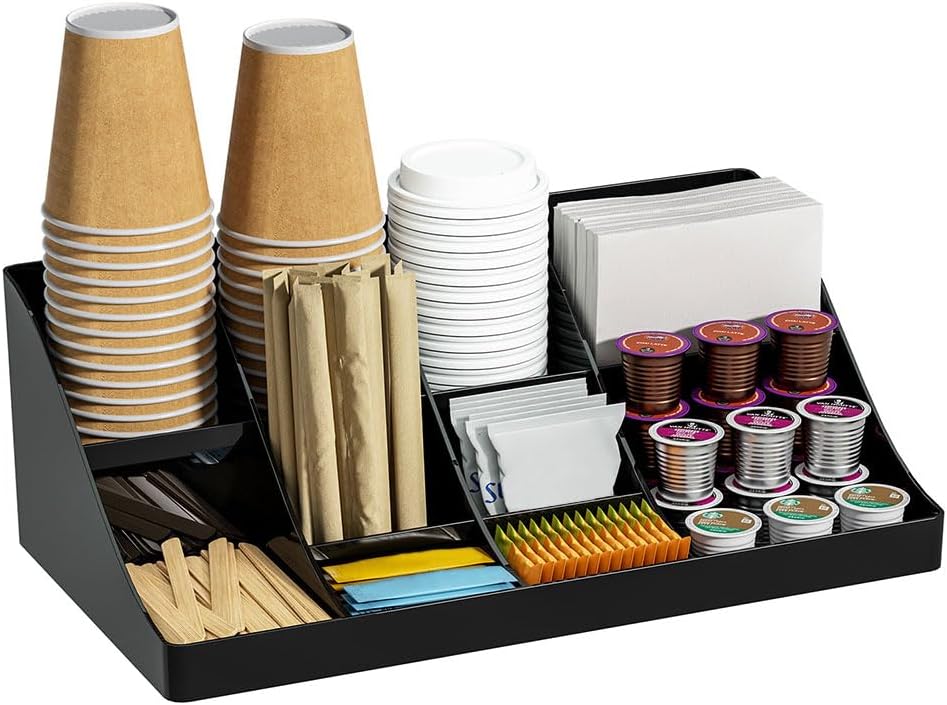 Coffee Station Organizer, 10 Compartment Coffee Bar Accessories Storage Holder, Black Coffees Condiment Caddy for Cups, Lids, Napkins, Sugar Packets, K-Cup Pods