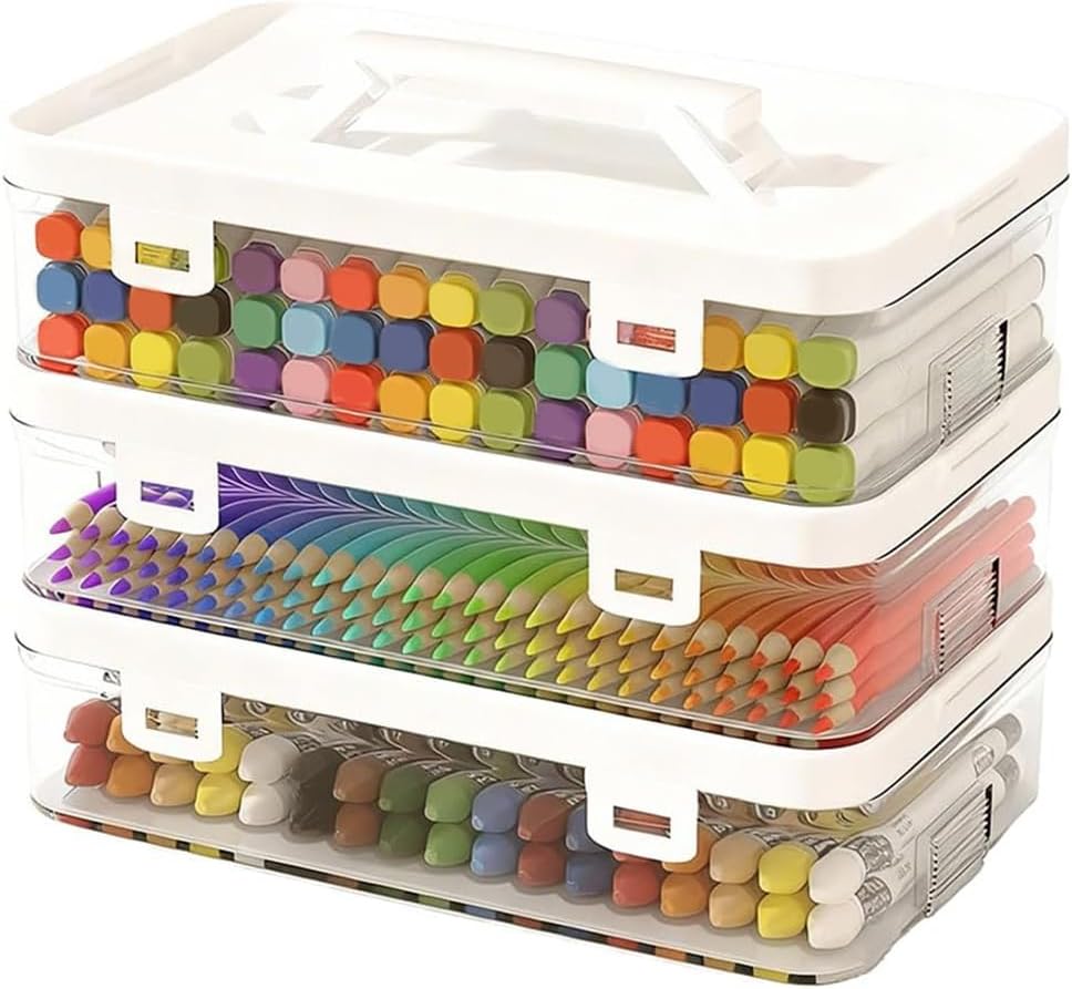 3 Pack Clear Storage Container, With Lid, Plastic Pencil Box, Stackable Craft Organizer, Large Marker Organizer, for Pen, Craft, Art Supply