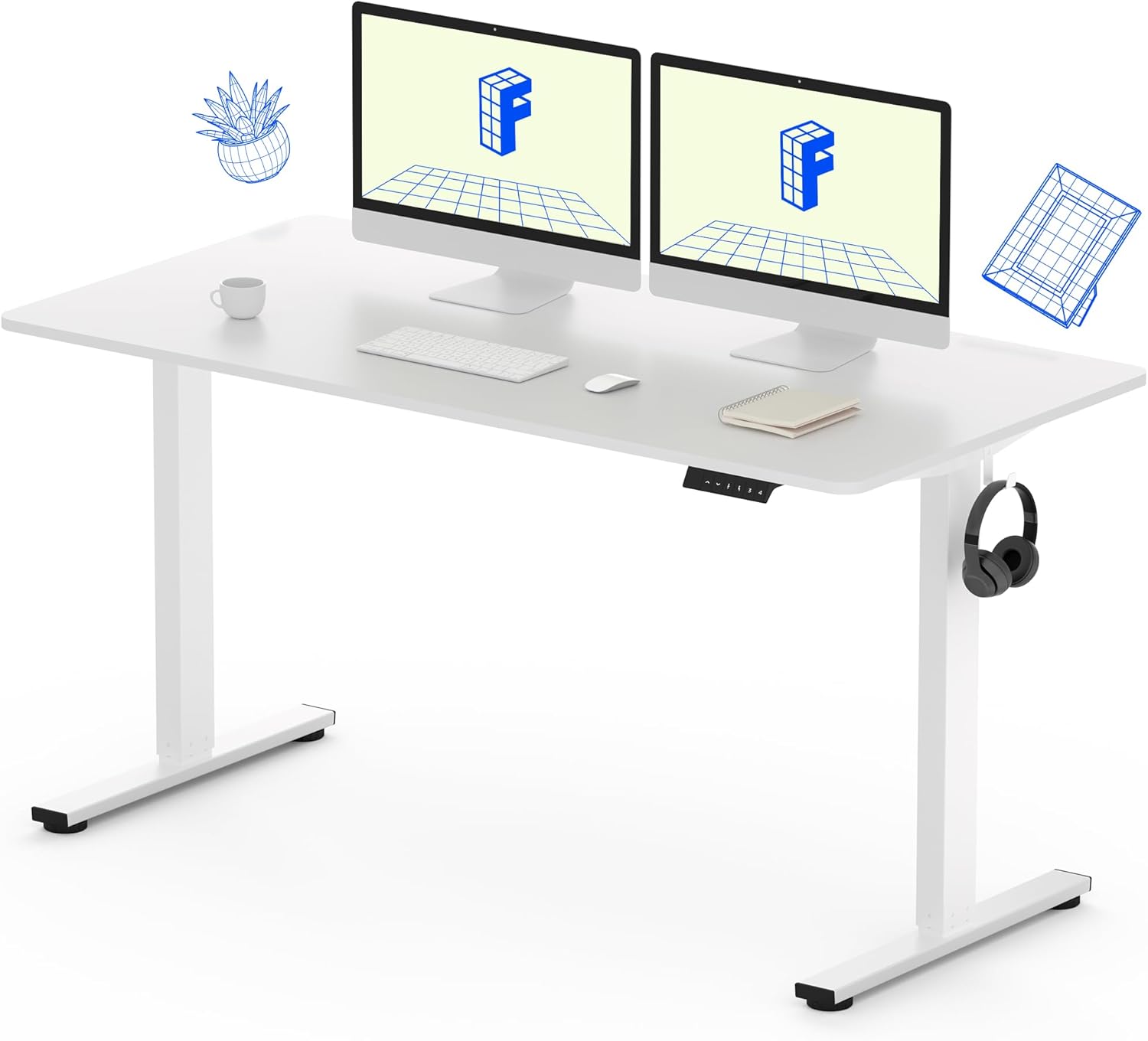 FLEXISPOT EN1 Electric Standing Desk 140 x 70 cm, White Frame/White Top | Electric Height Adjustment with Memory Presets, White Frame with White Desktop for Home Office Use