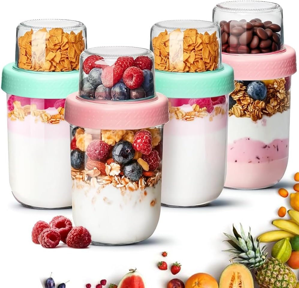 ComSaf Overnight Oats Container Jar with Lids（16oz+4oz,4 Pcs）Dual-Laryer Chia Pudding Jars with Dry and Wet Separation, Yogurt Parfait Cups for Oatmeal Cereal Nut Fruit, Meal Prep Glass Jars