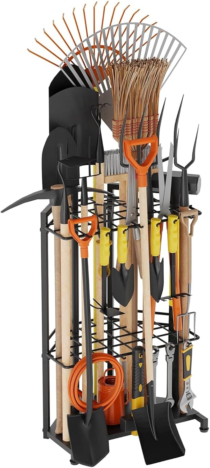 Garden Tool Organizer for Corner - Heavy Duty Metal Rack with 34 Storage Compartments & 14 Hooks for Shovels, Rakes, Long-Handled Tools, Ideal for Garden, Shed, Garage Storage
