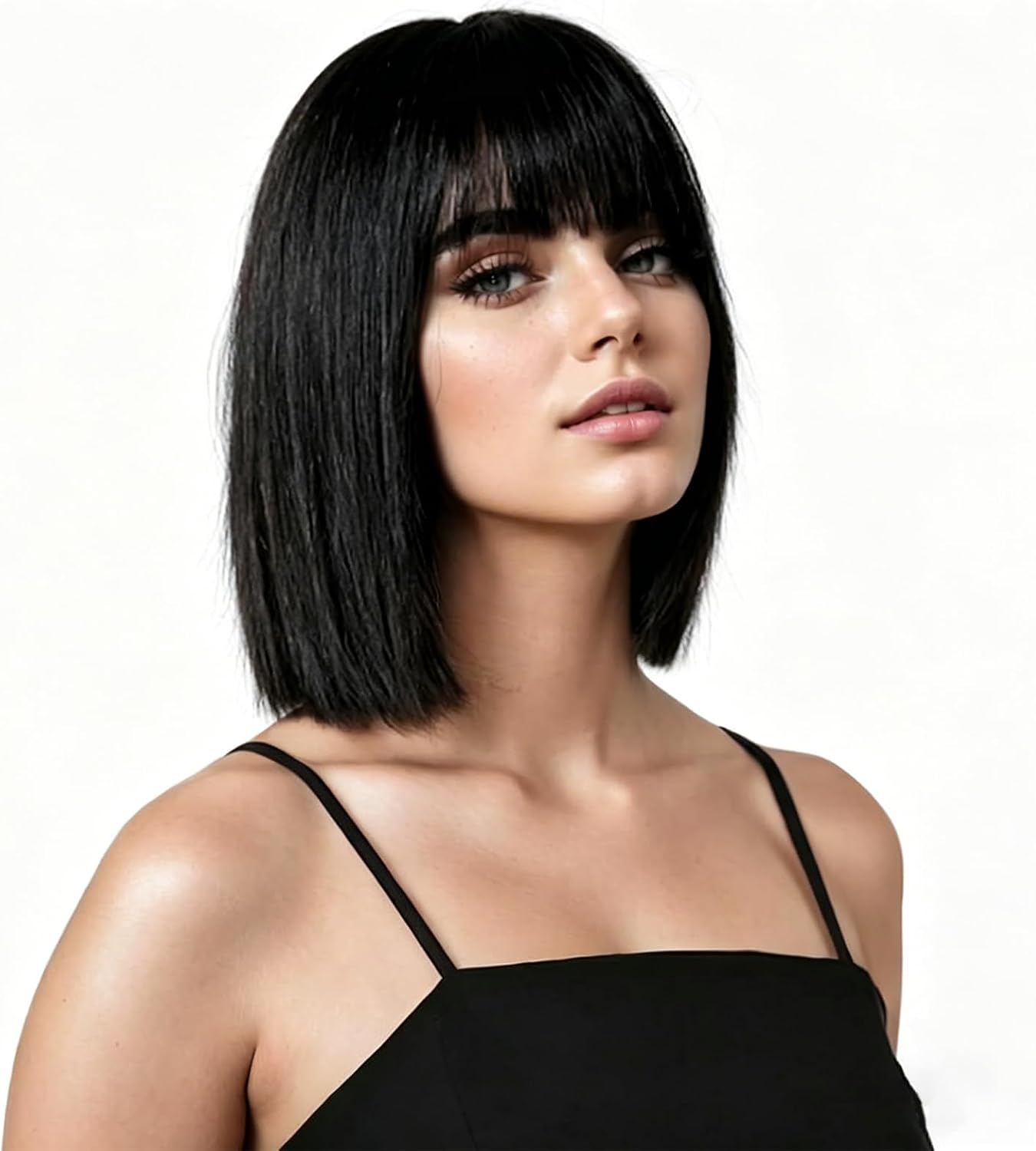 Creamily Black Short Bob Wig Straight Hair with Flat Bangs Heart Sunglasses for Women, Colorful Funny Cosplay Party Neon Synthetic Natural as Real Carnival Halloween Costume