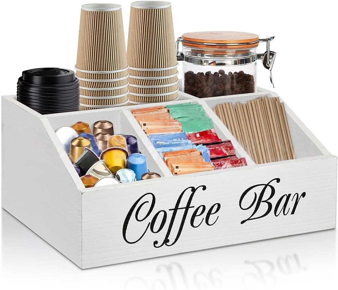 Coffee Station Organizer for Countertop, Farmhouse Wooden Coffee Bar Organizer Countertop for Accessories, Pod Syrup Condiment Organizer Holder for Kitchen, Office, or Bar and Tea Station (White)