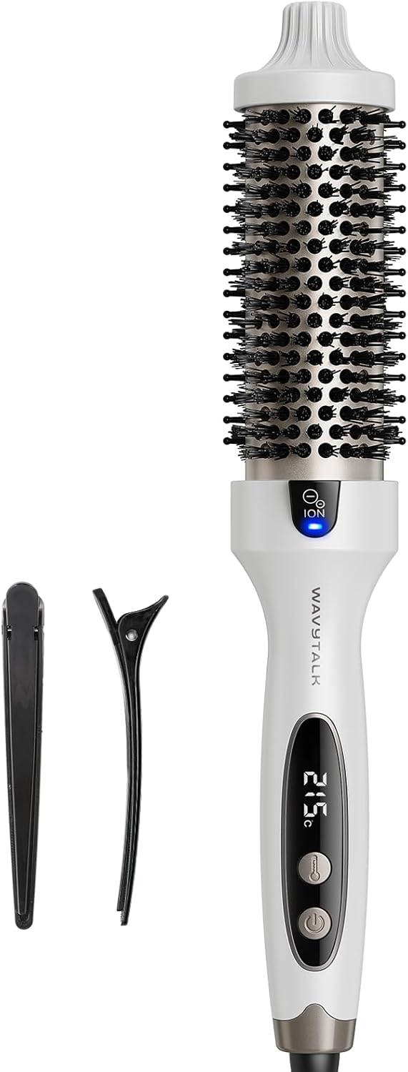 Wavytalk Thermal Brush, Blowout Boost Ionic Round Heated Hot Brush, to Make Hair Smoother & Shinier, Easy to Use, Not for Blow Drying, 38mm Barrel, 5 Temperature Settings, Dual Voltage, White