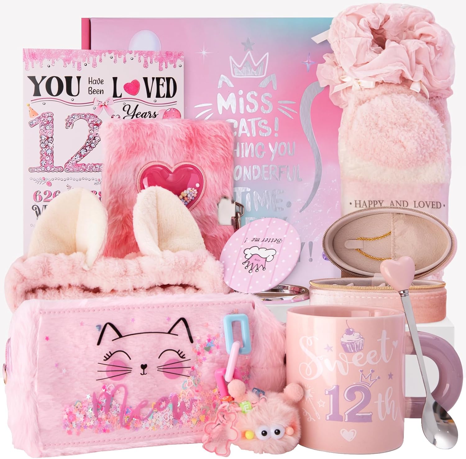 12 Year Old Girl Birthday Gifts,Miss Cat Cool Trendy Decoration Gifts Set | 12Pcs Cat themed teen girl birthday set,cute daily essentials, elegant ready-to-gift box, 24-hour quick customer service