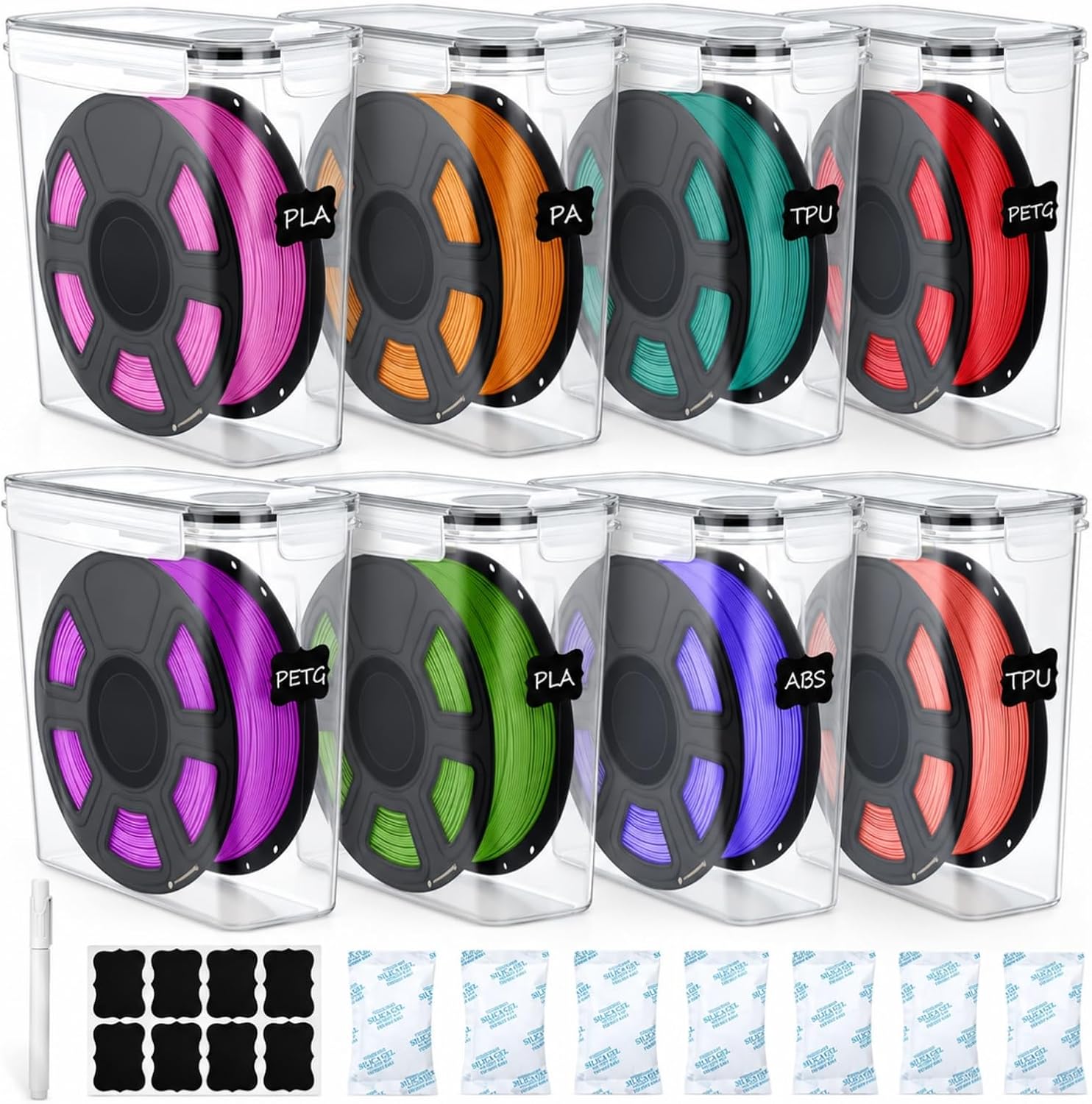 Filament Storage Box,8 Pack Airtight 3D Printer Filament Storage Dry Box | Vacuum Filament Storage Kit with 16 Desiccants Labels,Transparent PET Filament Container for PLA ABS PETG Spool Storage 4L