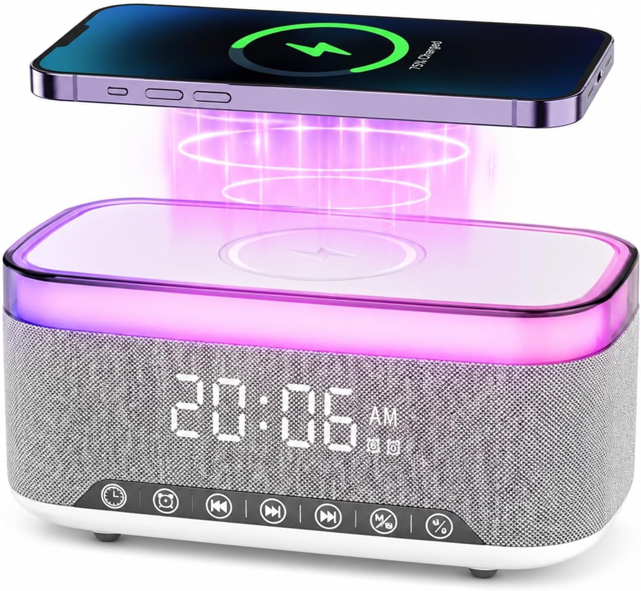 Alarm Clock with 15W Fast Wireless Charger, Sound Machine | White Noise Machine with 9 Sounds, Bluetooth Speaker, FM Radio, 13-Color Night Light for Bedroom