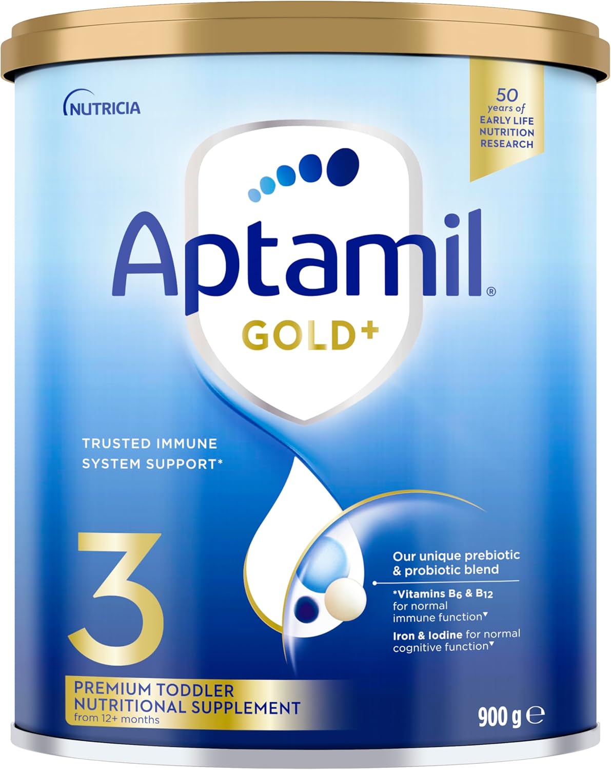 Aptamil Gold+ 3 Premium Toddler Milk Drink, Rich in Essential Vitamins and Minerals, Toddler Formula with Probiotic & Prebiotic Combination, From 1 Year, 900g