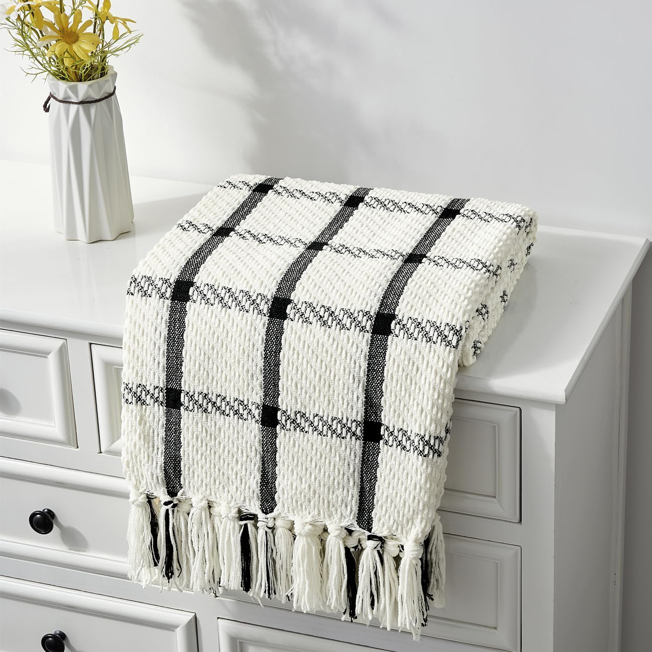 CREVENT 60"X80" Farmhouse Breathable Soft and Warm Chenille Plaid Throw Blanket for Sofa Couch Bed, Home Decoration Throw with Tassles (Black & White)