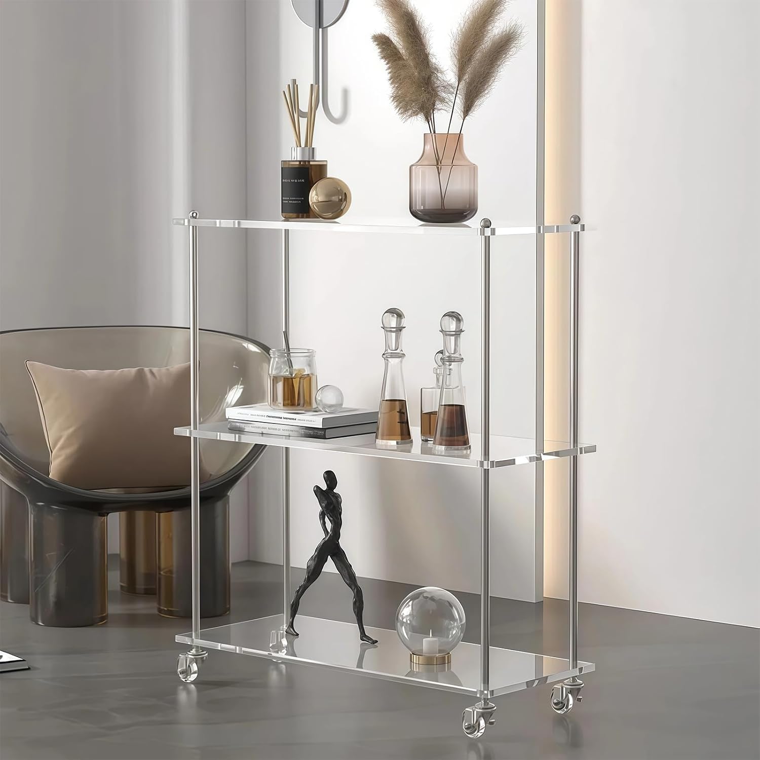 3-Tier Storage Shelving Unit with Wheels, Acrylic Organizer Rack for Bedroom, Bathroom, Living Room & Office, Rolling Storage Cart, Multi-Purpose Trolley Shelf, 26.8 x 9.4 x 15.7 in