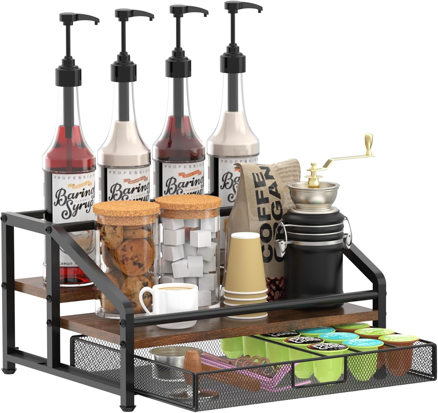 3 Tier Coffee Station Organizer with Coffee Pod Holder, Coffee Bar Organizer | Coffee Syrup Organizer Rack with 35K Cup Storage Basket, Kitchen Countertop Organizer for Coffee Bar Accessory, Syrup