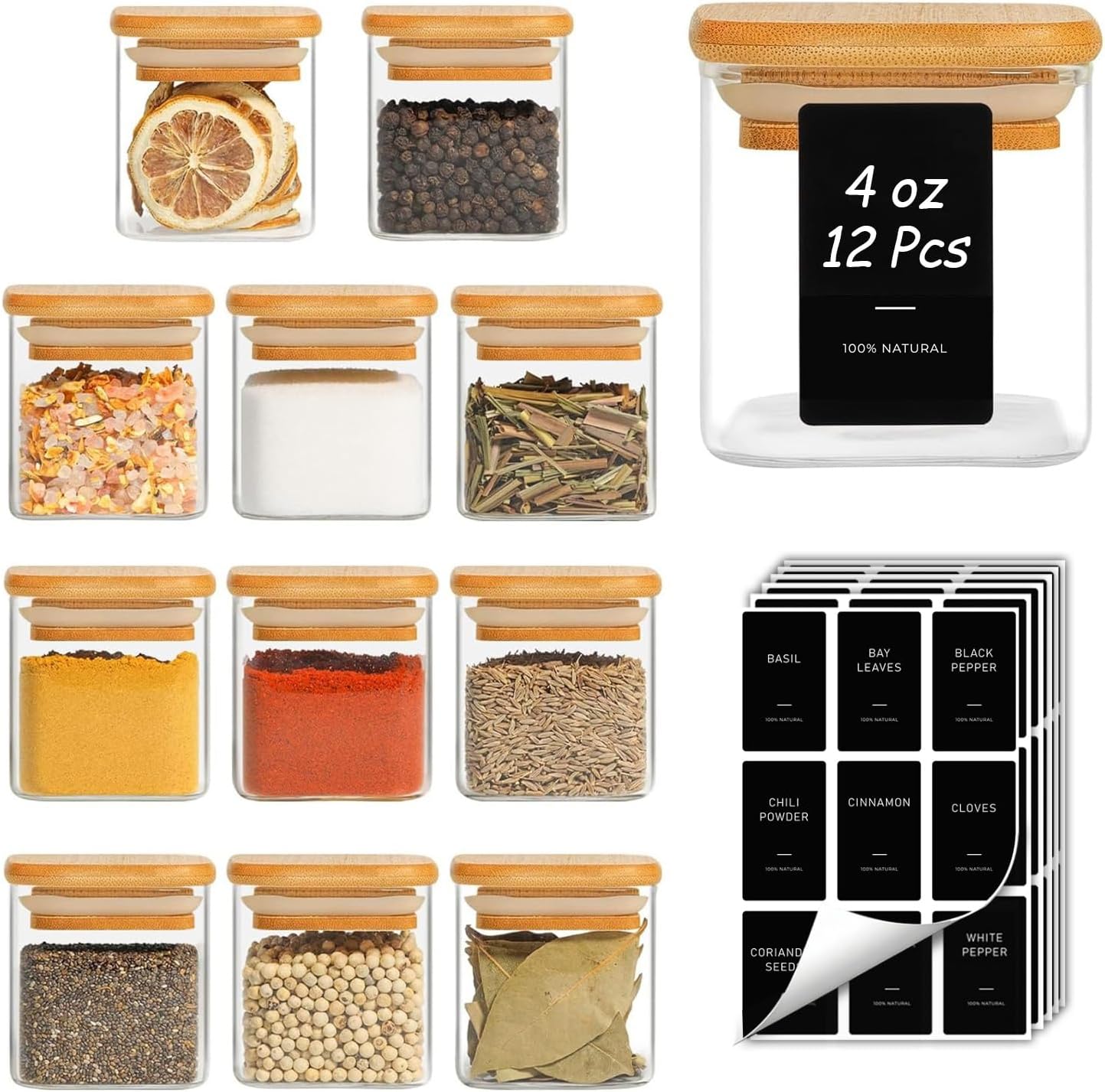 ComSaf 12Pcs Glass Spice Jars with Bamboo Lid, 4oz Airtight Square Spice Containers with Lables, Empty Seasoning Jars for Spice Salt Sugar