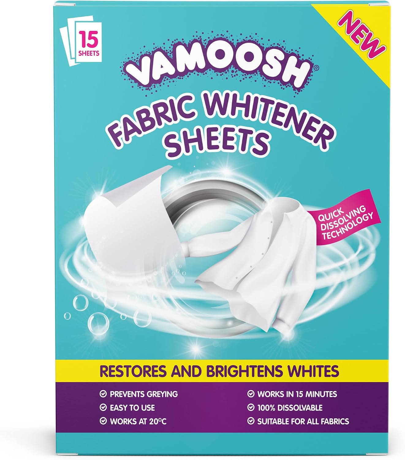 Vamoosh Laundry Whitener Sheets (Pack of 15) – Whitener for White Clothes – Restores & Brightens White Laundry in 15 Minutes – Dissolvable, Plastic-Free & Biodegradable – Works at 20°C