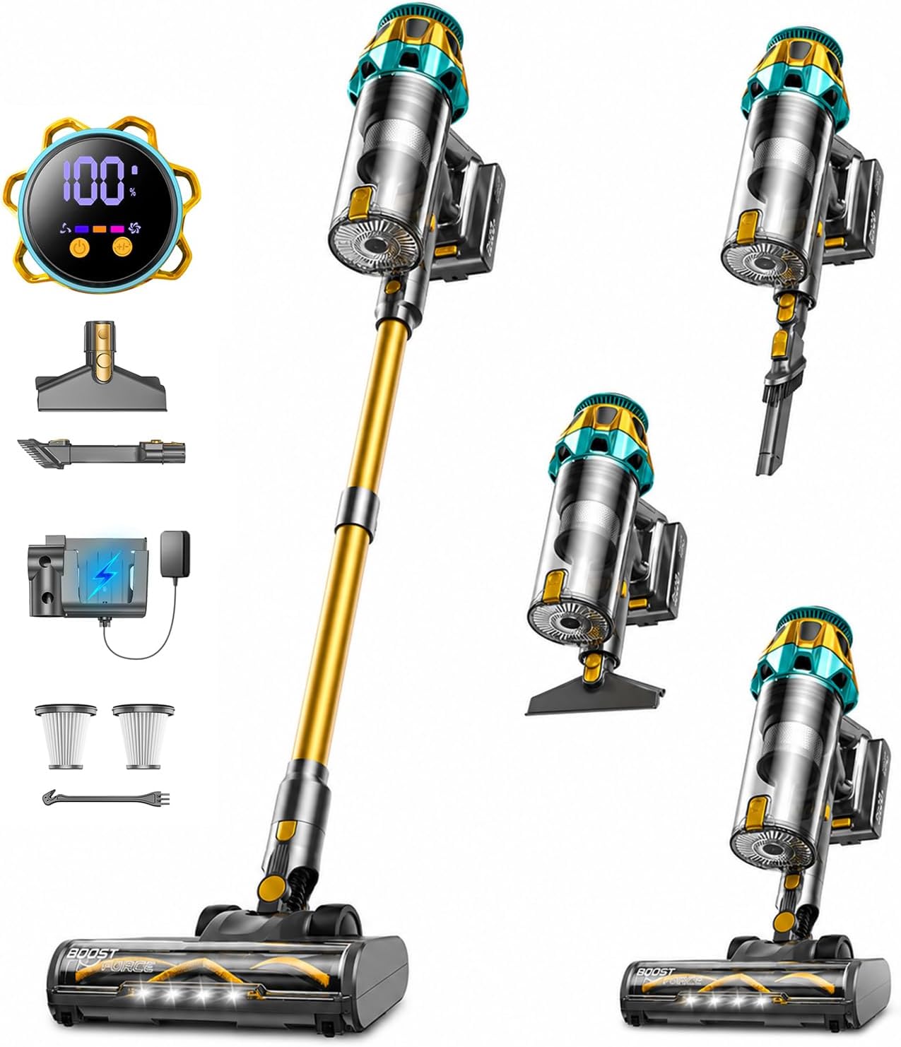 Cordless Vacuum Cleaner, 600W/58Kpa Self-Standing Stick Vacuum with Anti-Tangle Brush for Pet Hair, Lightweight Rechargeable Vacuum for Home, Hardwood Floors & Carpets, Gold