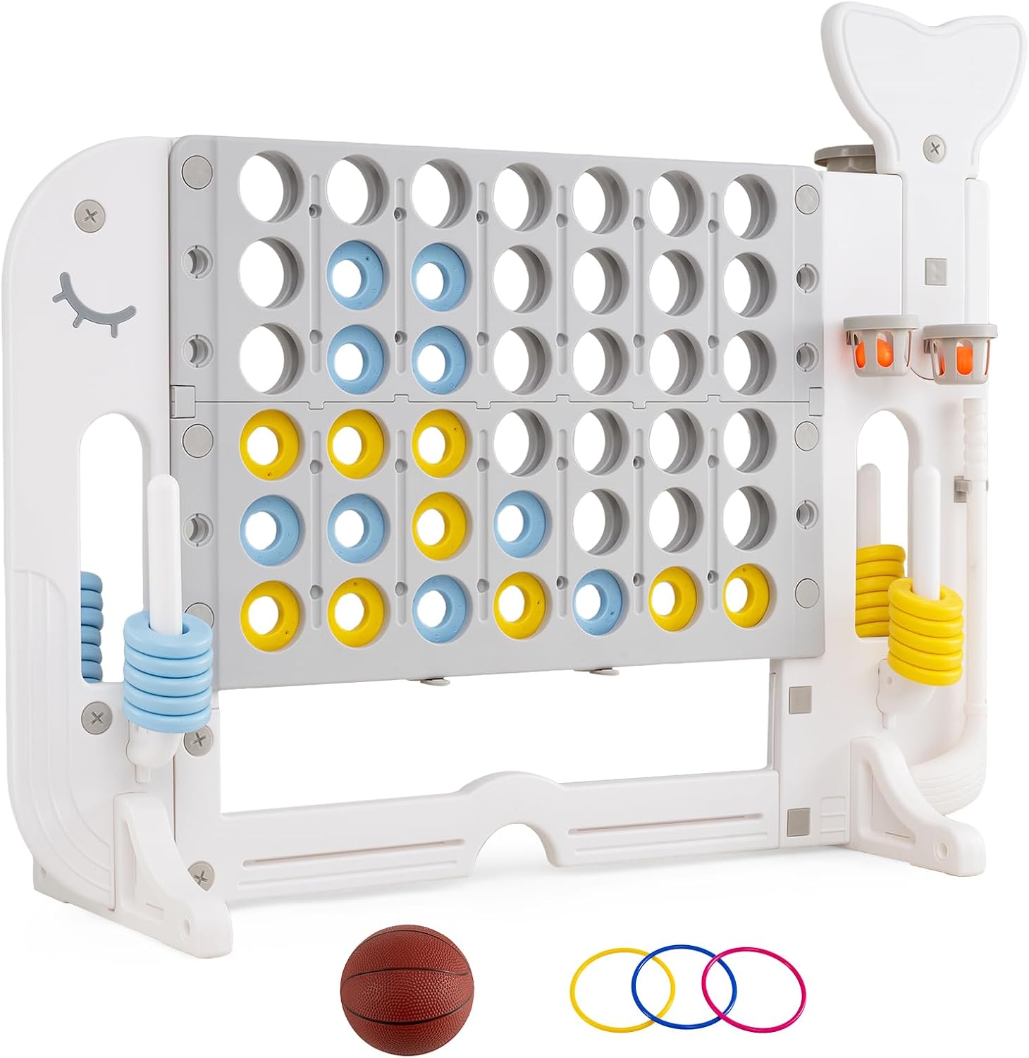 HONEY JOY Giant 4-in-A Row w/Ring-toss, Basketball Hoop, Golf Club & Balls, Jumbo 4-to-Score Giant Game Set with 2 Cups Holders for Indoor & Outdoor Holiday Parties