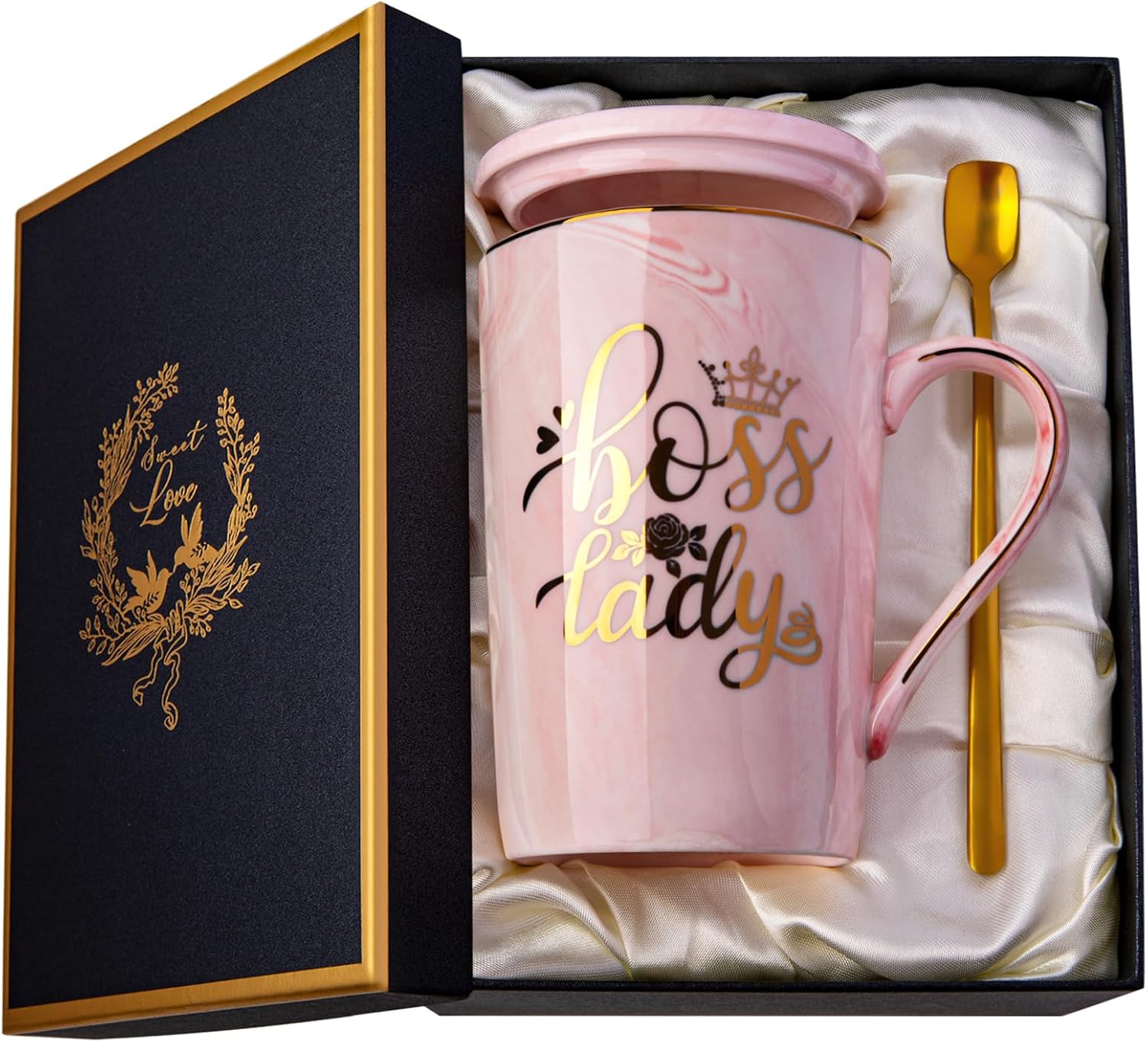 Boss Lady Gifts for Women, Pink Unique Marble 14oz Coffee Mug Gift Box | Boss lady ceramic mug,dishwasher safe,silk-lined gift box,versatile gift for female bosses,Excellent After-Sales Service