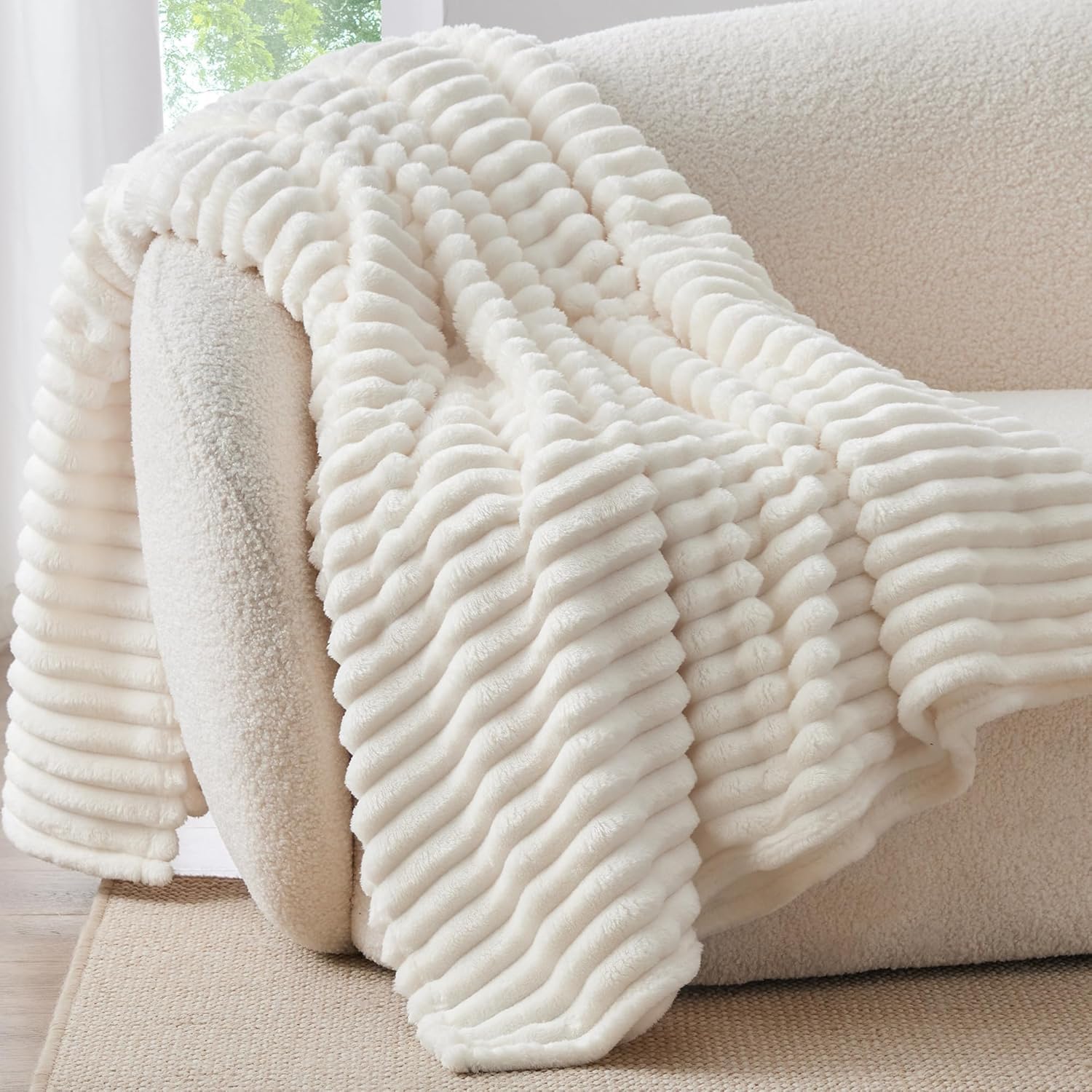 BEDELITE Throw Blanket for Couch & Sofa, 300 GSM Soft Cozy & Warm Plush Fluffy Blanket, Decorative and Giftable Fleece Striped Blankets, Fit for Baby, Women, Men, 213 x 229 CM, Cream