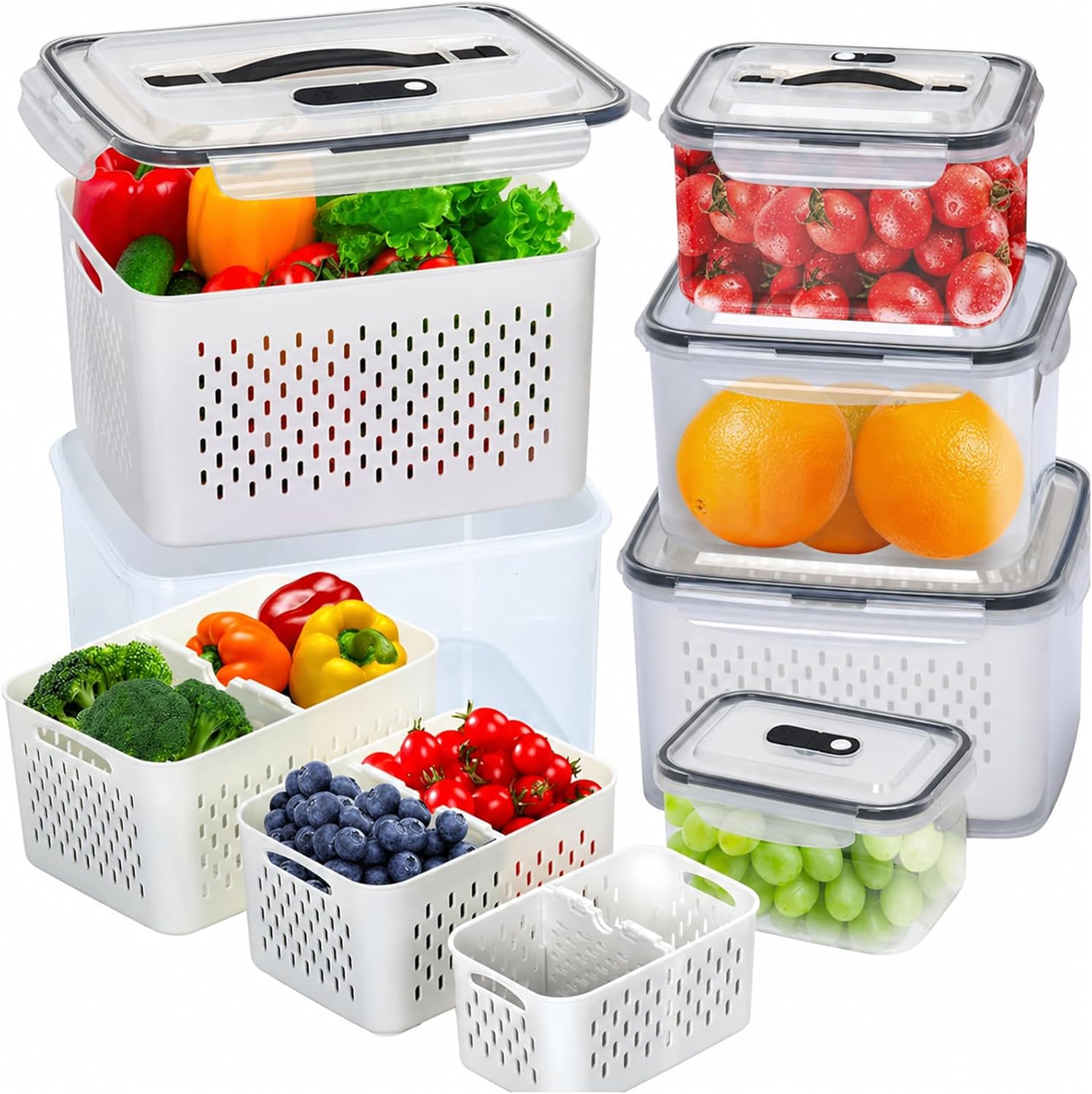 5PCS Fruit Storage Containers for Fridge, BPA-Free Microwave Dishwasher Safe, Fruit and Vegetable Storage with Lid Colander Vent Handle, Independent Drain Basket, Sealed and Leak-Proof