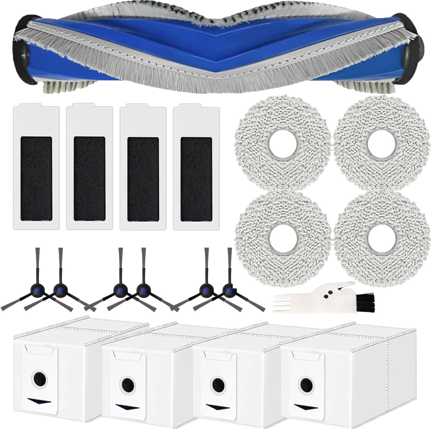 20 Pcs Replacement Accessories Kit for Ecovacs Deebot T30 Omni / T30 Pro Omni Robot Vacuum Cleaner Parts, 1 Rubber Main Brush, 4 Filters, 4 Wipes, 6 Side Brushes, 4 Dust Bags