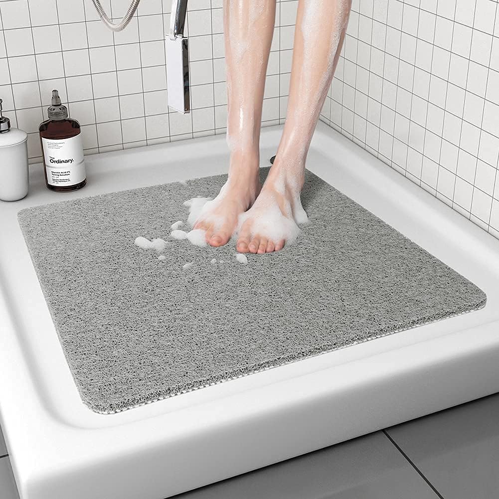 Non-Slip Shower Mat - Comfort Bath Tub Mats with Drain - PVC Loofah Bathroom Floor Mat for Wet Areas - Easy to Clean-Quick Drying (Grey, 80 x 80cm)
