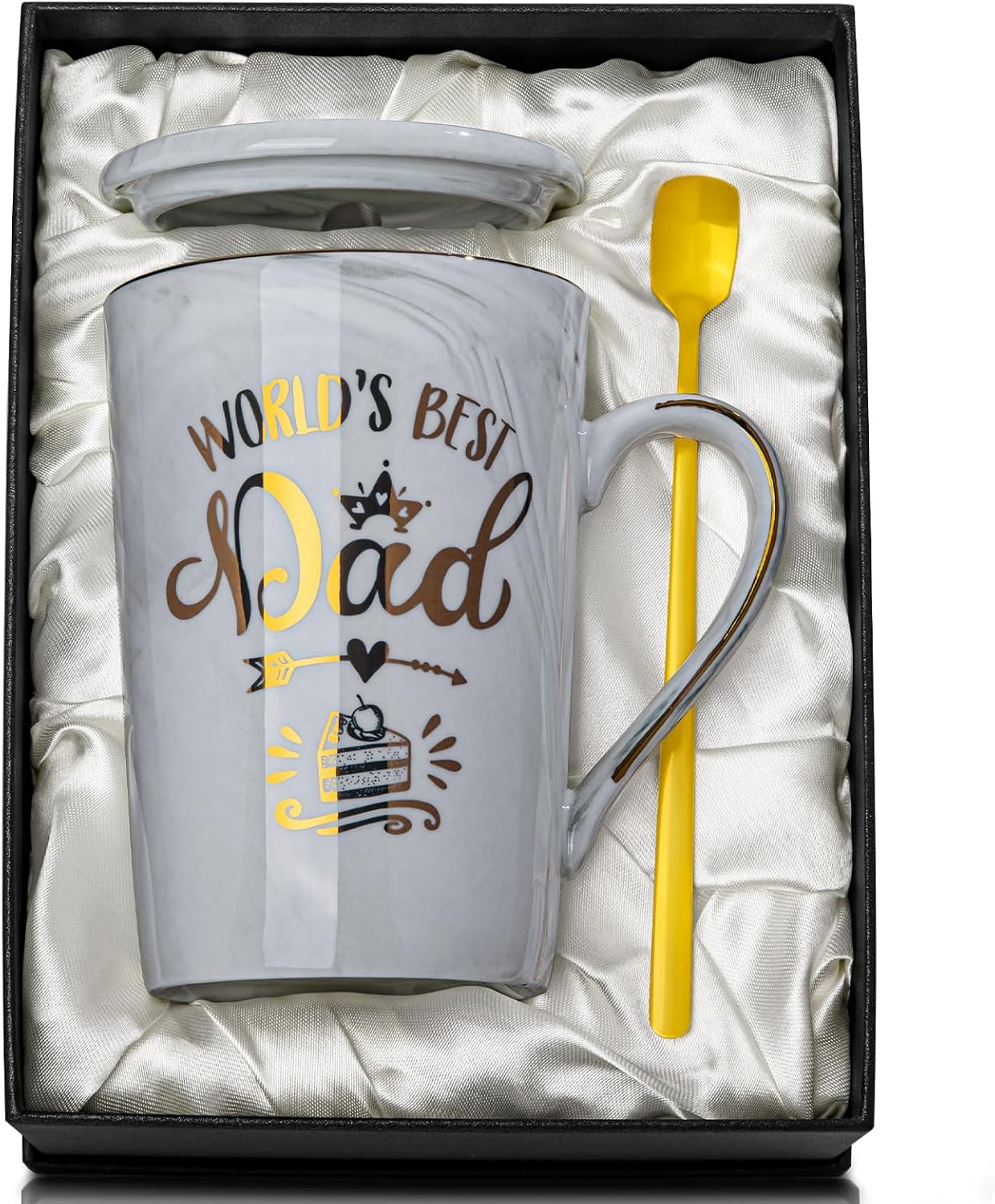 Funny Dad Gifts, Fathers Day Birthday Presents for Dad from Daughter Son - World's Best Dad - Daddy Mug with Gold Print, 14Oz Grey Ceramic Marble Coffee Cup, Lid Spoon Card, Nice Gift Boxed