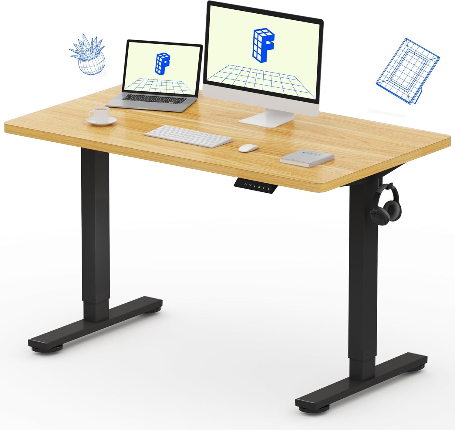 FLEXISPOT EN1 Electric Standing Desk 120 x 60 cm, Black Frame/Maple Top | Electric Height Adjustment with Memory Presets, Black Frame with Maple Desktop for Home Office Use