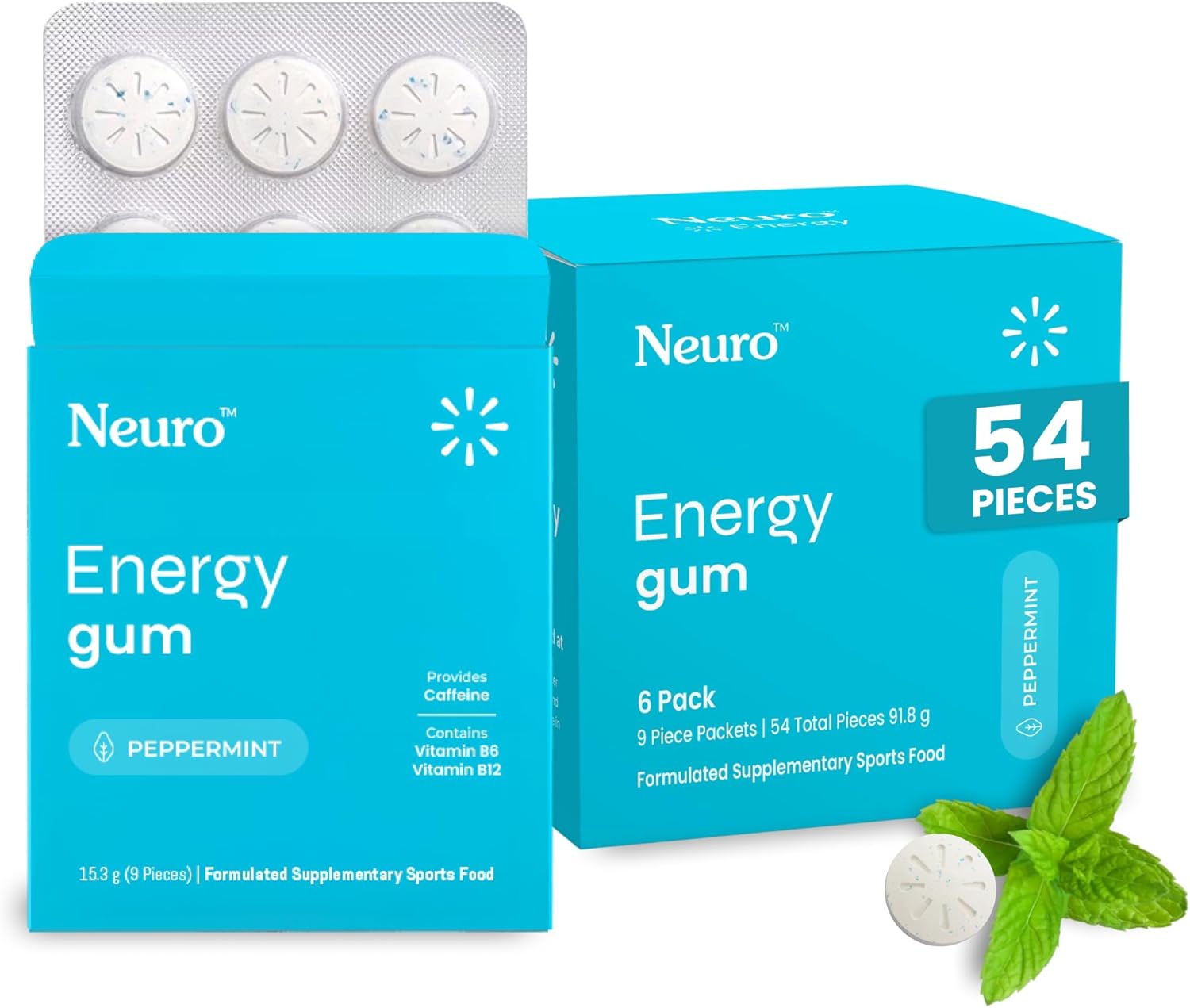 NEURO Caffeinated Energy Gum, Vegan, 99% Sugar Free, Peppermint, 54 Pieces | Contains B-Vitamins, Gluten-Free, Aspartame-Free, Pocket-Sized, Support for Training and Active Lifestyle