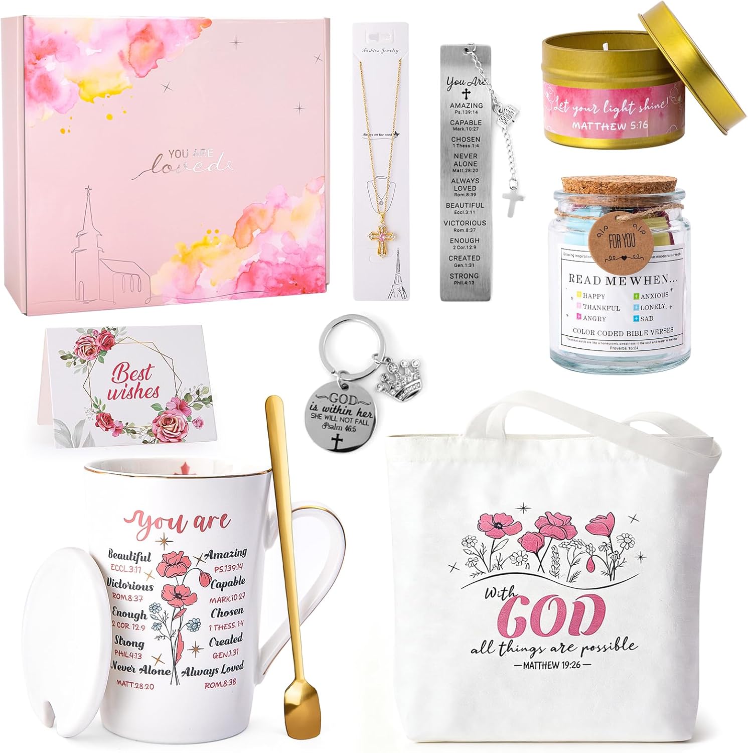 Christian Gifts for Women - 11Pcs Inspirational Catholic Baskets | 11Pcs Christian Gift Set, Fade-proof Jewelry,Multi-color Bible Jar,Elegant Ready-to-gift Box No Extra Wrapping