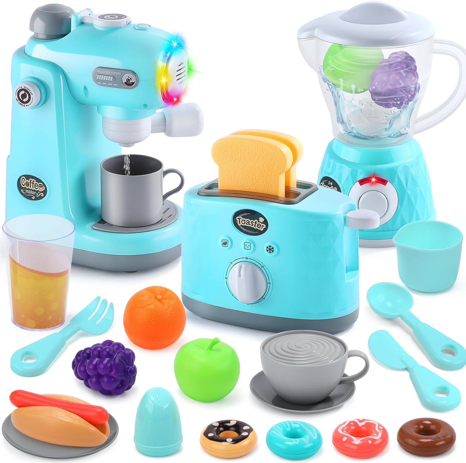 CUTE STONE Kids Kitchen Playset, Toy Kitchen Appliance Sets with Working Coffee Maker, Blender & Toaster, Realistic Sounds & Light, Includes Kids Kitchen Accessories & Play Food for Boys & Girls