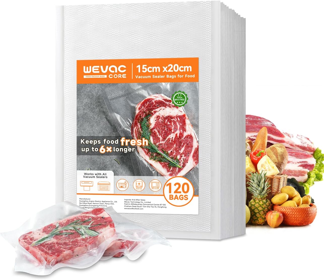 Wevac Vacuum Sealer Bags 15x20cm 120 Pack, Heavy Duty Pre-cut Food Saver Bags, BPA-Free Textured Vacuum Storage Bags for Sous Vide & Meal Prep, Compatible with All Vacuum Sealer Machines