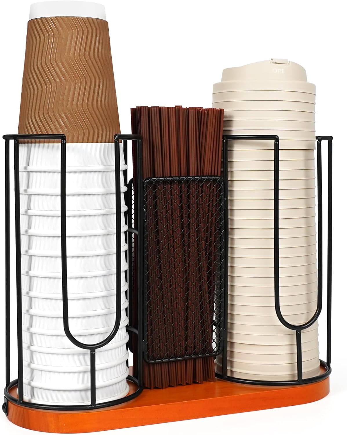 Coffee Cup Holder, 3-Compartment Paper Cup Dispenser Rack with Wood Base, 18oz, Disposable Cup, Straw and Lid Organiser, Countertop Storage for Coffee Bar, Kitchen, Office