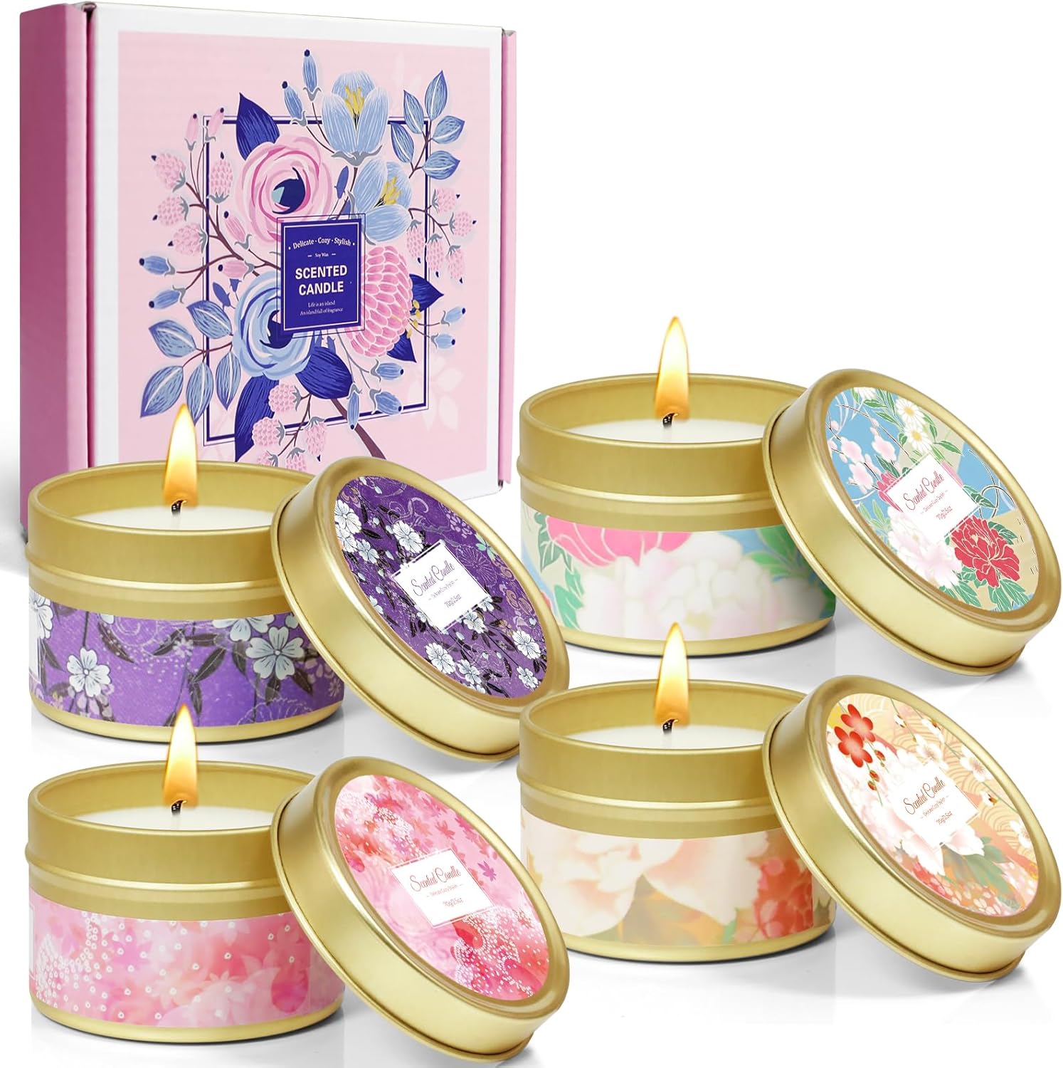 Scented Candles Gift Set 4 Pack Travel Tin for Home Fragrance | Blush Peony, Cinnamon Apple, French Lavender, Velvet Rose, Scented Candles, Gift Set, For Women, Home Decor, Room Fragrance