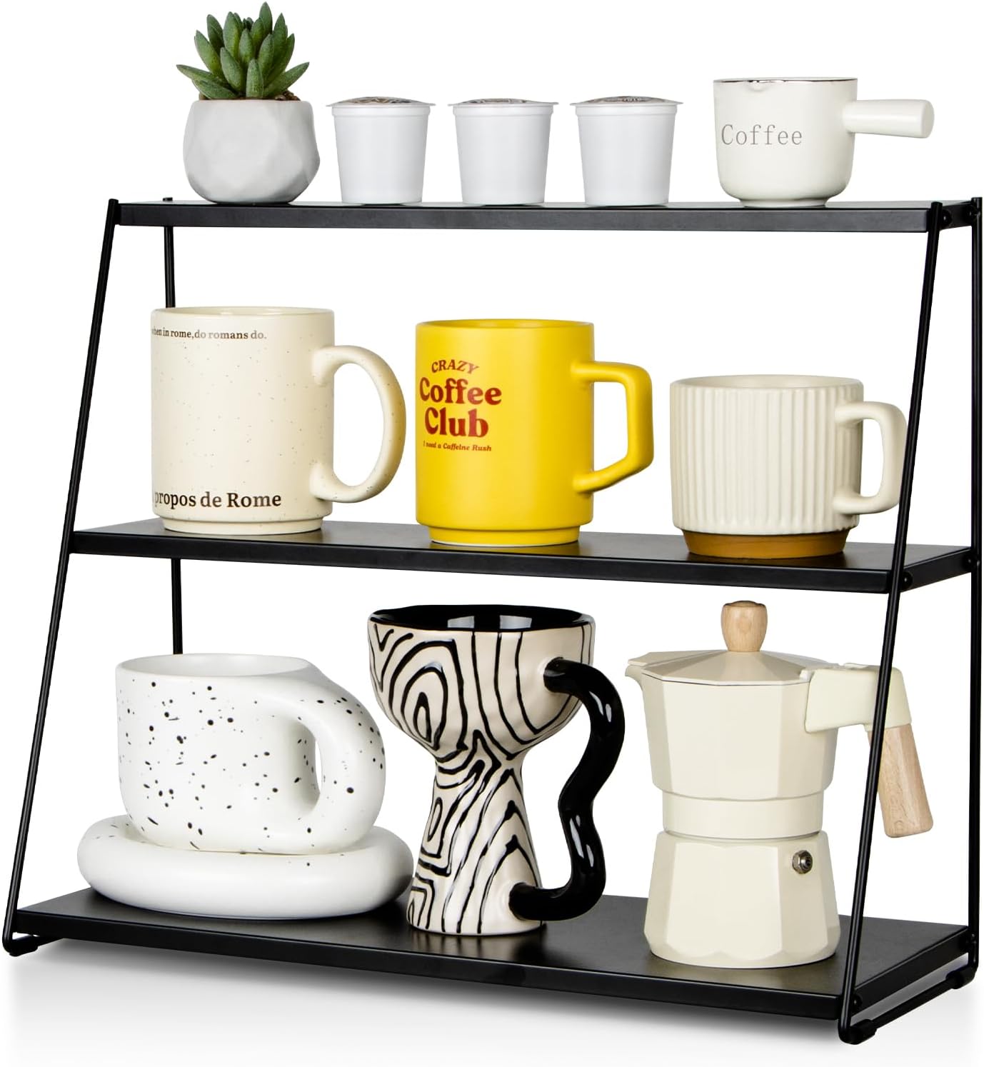 PUERSI Coffee Mug Holder, 3 Tier Metal Mug Display Rack for Countertop | Mug Shelf, Coffee Station Accessories Organizer for Kitchen, Office, Home - Black