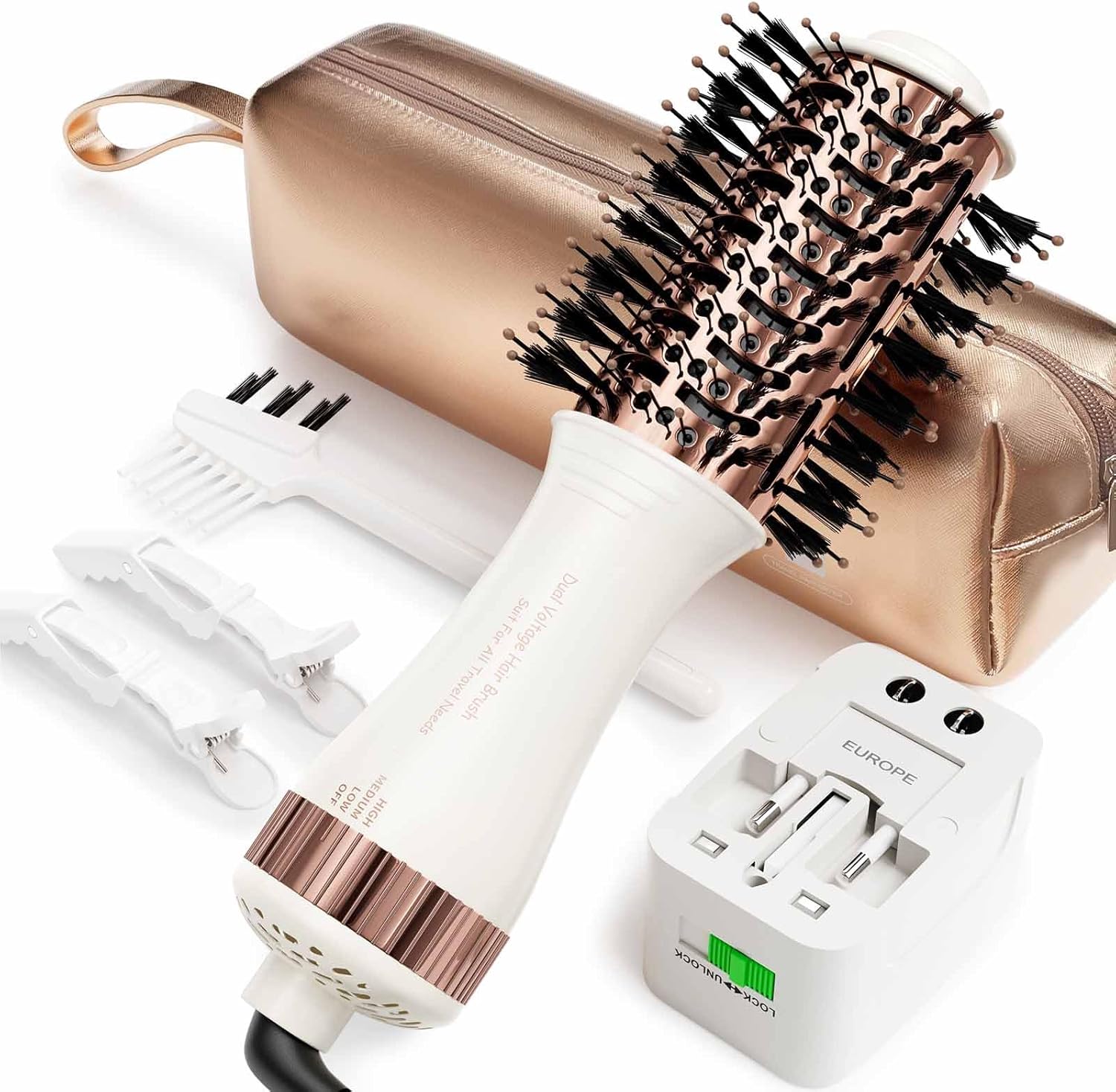 Travel Dual Voltage Hair Dryer Brush 4-in-1 Mini Hot Air Blow Dry Brush Straightener & Curler Brush, European Plug Adapter for International Travel,Titanium Round Volumizer Tool