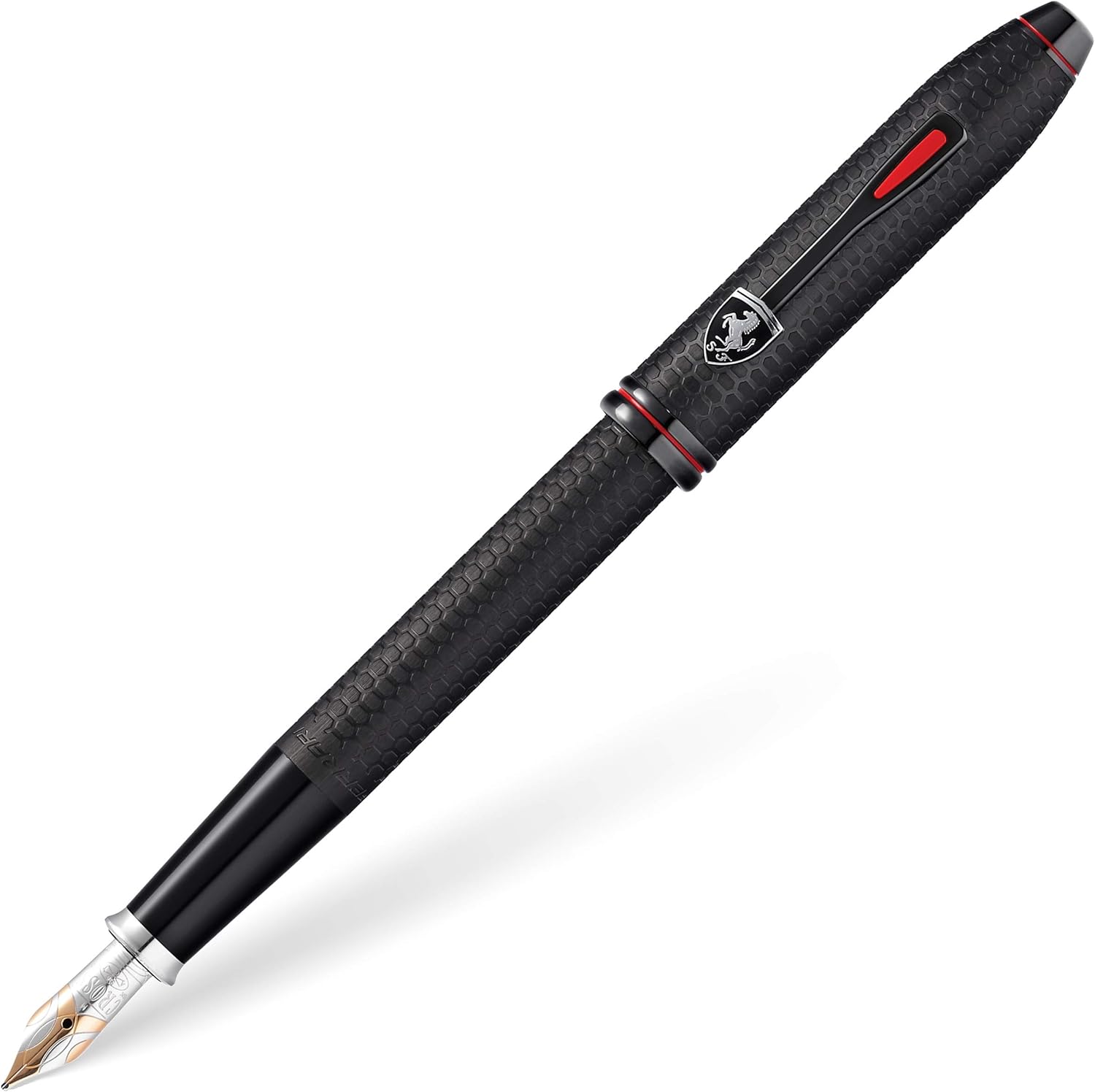 Cross Ferrari Townsend Etched Honeycomb Fountain Pen With Two-Tone Rhodium-Plated Solid 18 KT Medium Gold Nib, Brushed Black