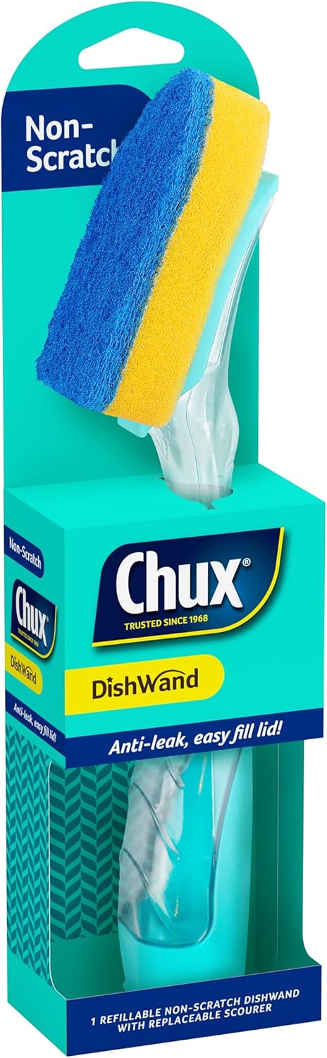 Chux Dishwand Handle, Soap Dispensing Dishwand with Non-Scratch Angled Scrubber, 1 Count
