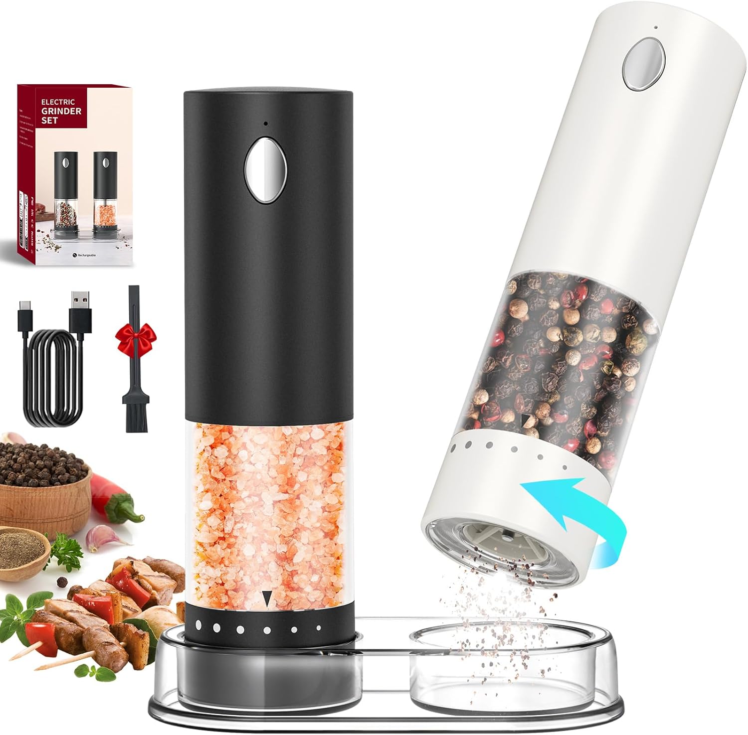 CIRCLE JOY Electric Salt and Pepper Grinder Set Rechargeable Salt and Pepper Mills with Storage Base, Adjustable Coarseness and LED White Light, 95ml Container, Black & White