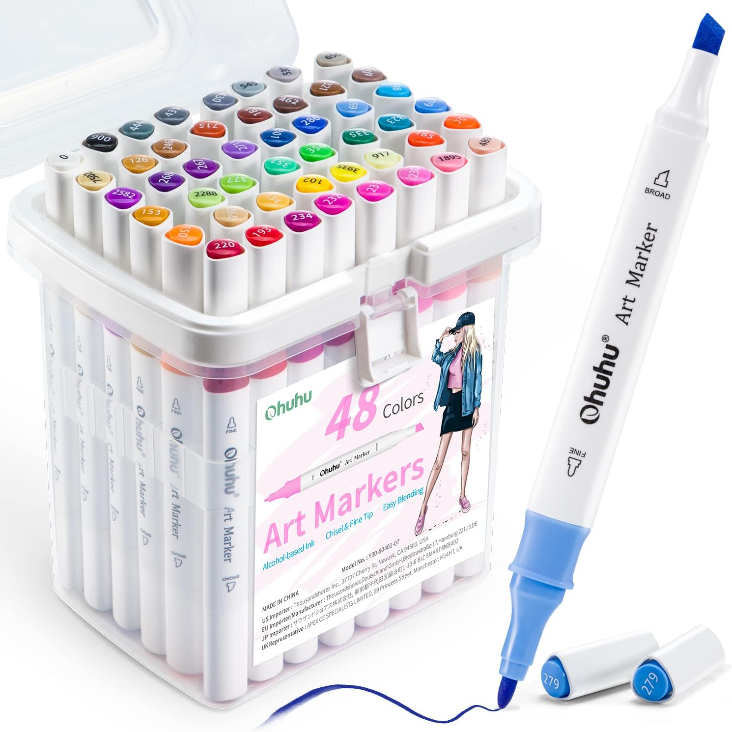 Ohuhu Alcohol Markers for Beginners 48-colour Fine& Chisel Great Value Pack | Dual Tips Alcohol-based Art Marker for Adult Colouring Illustration Drawing with Storage Case, Better Designed Grip