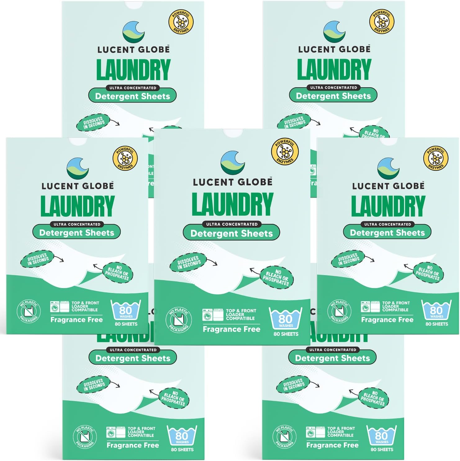 Lucent Globe Sensitive Laundry Detergent Sheets, Plant-Based, Biodegradable, Plastic Free Packaging. (7 Pack of 560 Washes, Fragrance Free)