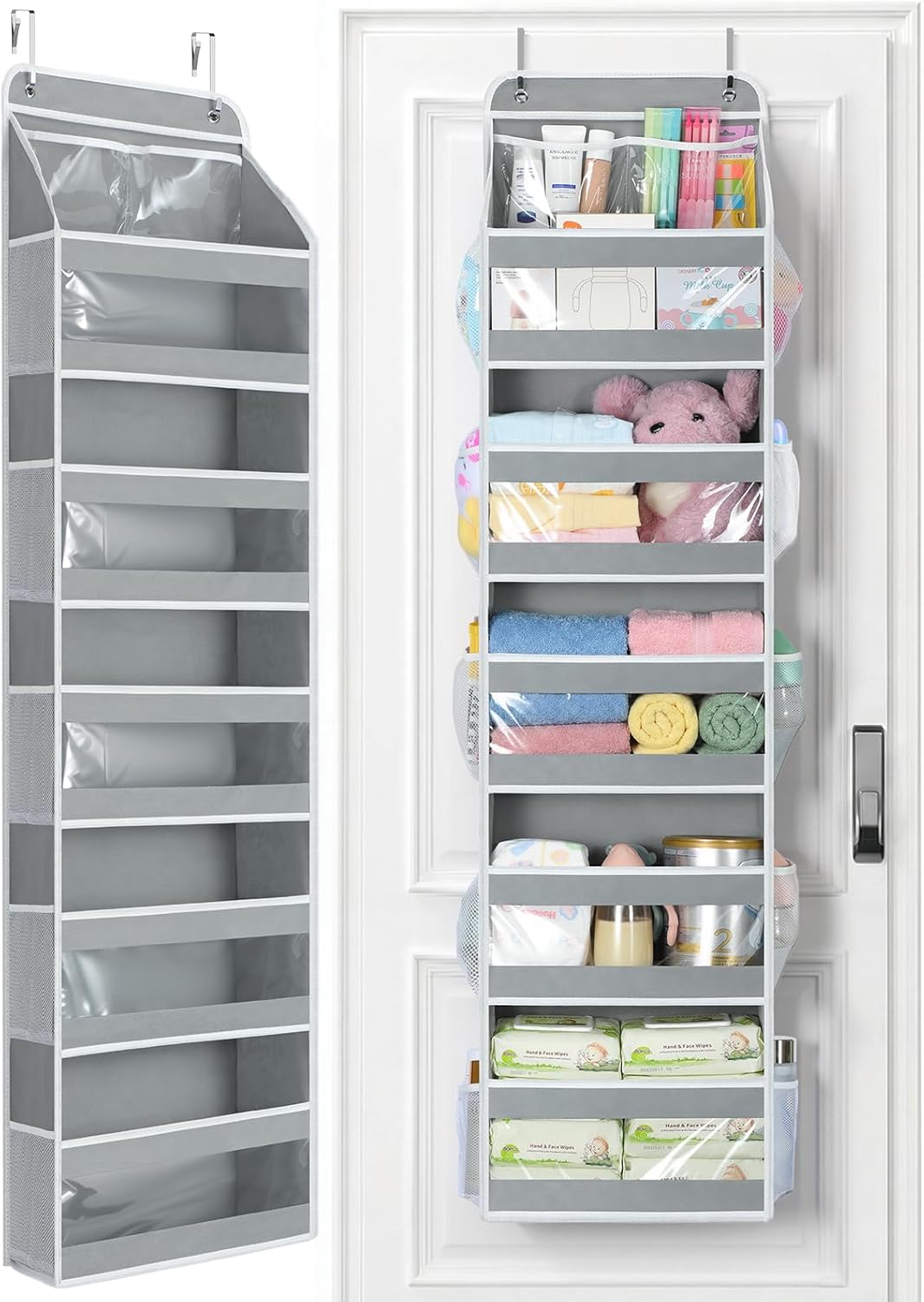 Yecaye 6 Tier Over the Door Organiser, Swing-proof Door Organiser Hanging with Clear PVC Windows, Behind the Door Storage for Bedroom Nursery Closet Laundry Pantry Bathroom, Grey, 1Pc