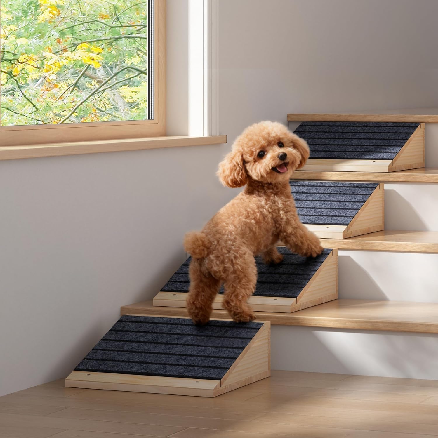 Advwin 4-Pack Dog Ramp Stairs for Pets Up to 70kg, Durable Anti-Slip Carpet Surface, Wooden Low-Angled Pet Ramp Assist for Injured & Aged Pets, Stairs Ramp for Small Dogs, No Assembly