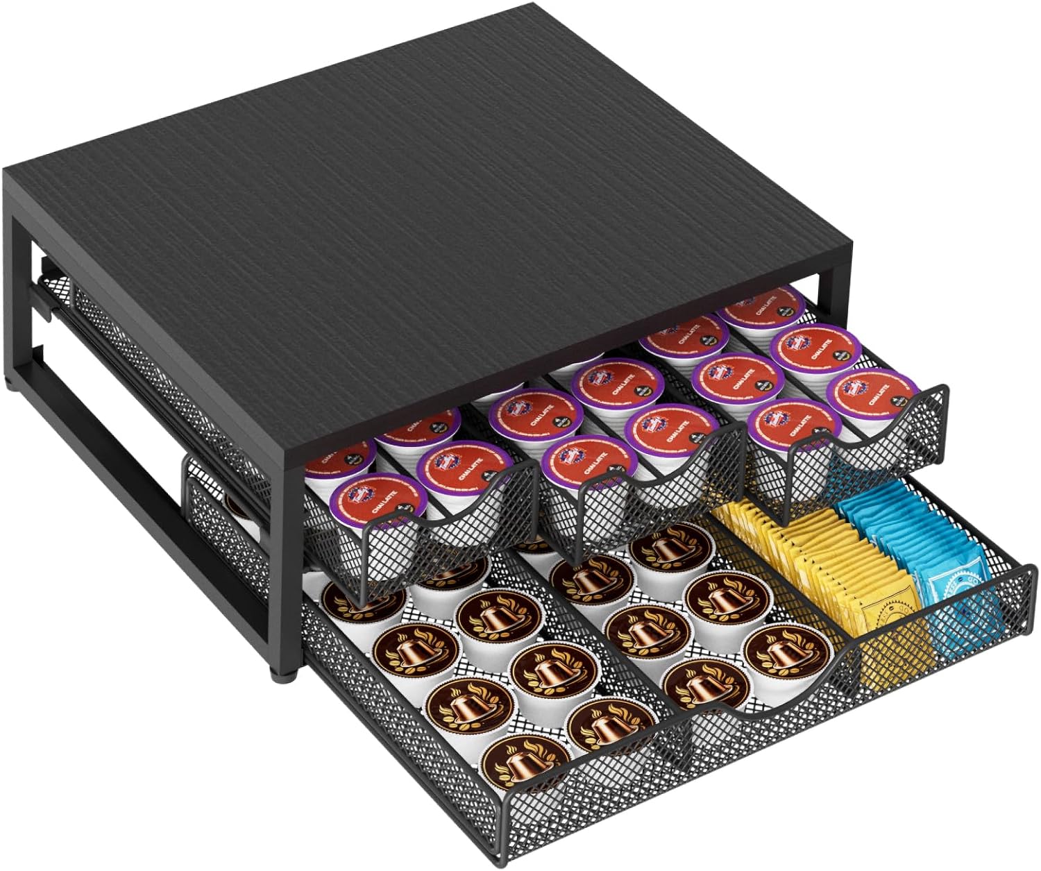 Coffee Pod Holder For Counter, 3 Pull-Out K-Cup Holder Drawer, Wooden Cafe Pods Storage Organizer with Sliding Drawers for Coffee Station, Home, Kitchen, Office, Dorm, Black (Black)